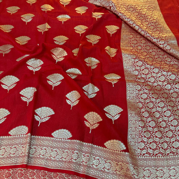 Red Munga Silk Zari Weaved Buta Banarasi Saree