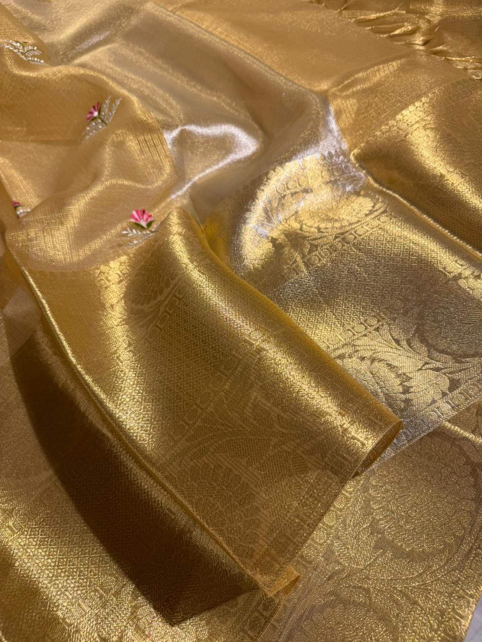 Golden Tissue Silk Traditional Embroidery Buta Banarasi Saree
