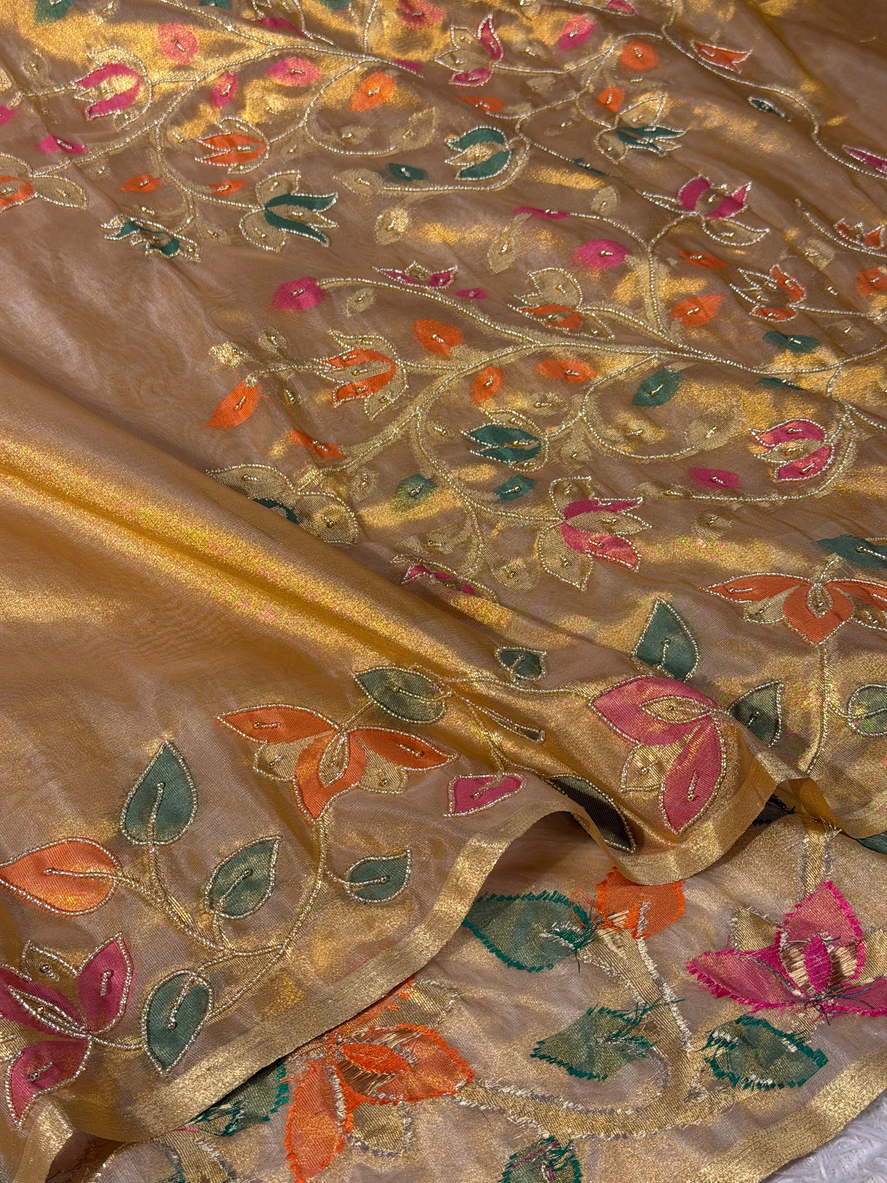 Copper Gold Kora Tissue Floral Handwork Saree