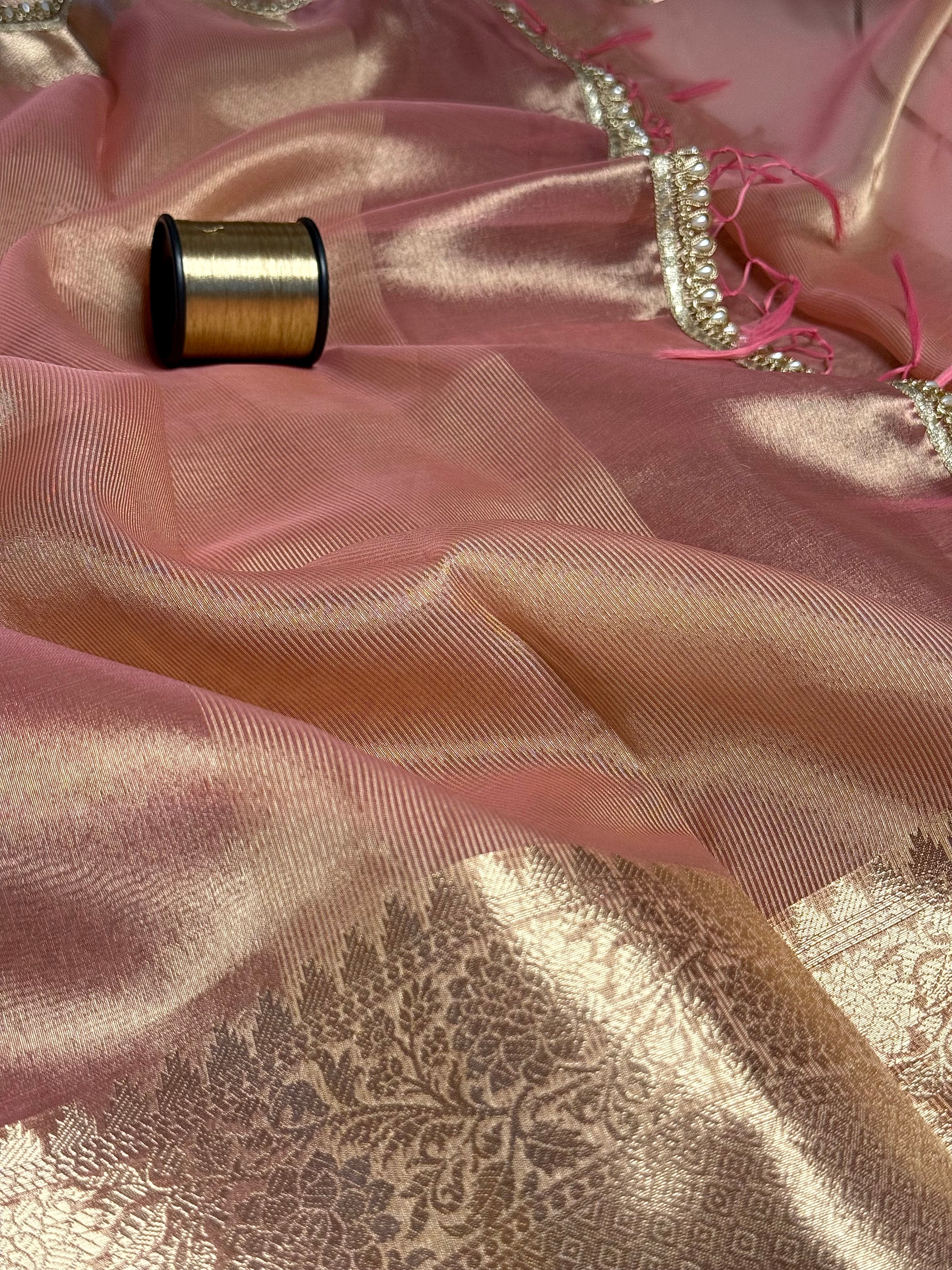 Mauve Pink Glass Tissue Silk Designer Banarasi Saree