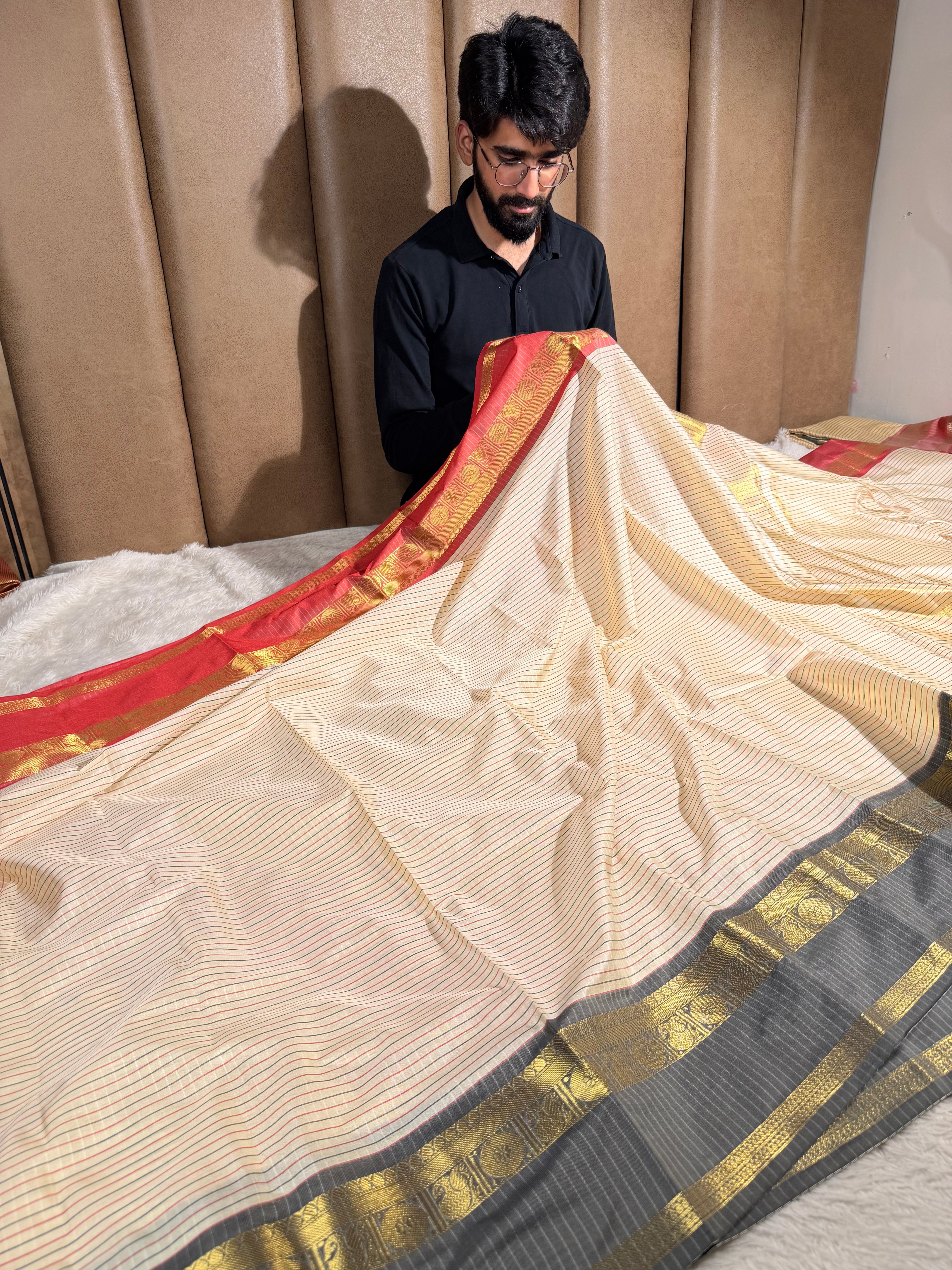 Light Cream Checks Weave Softsilk Saree