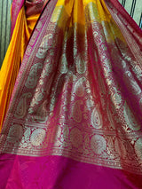 Yellow with Pink Contrast Satin Katan Silk Saree