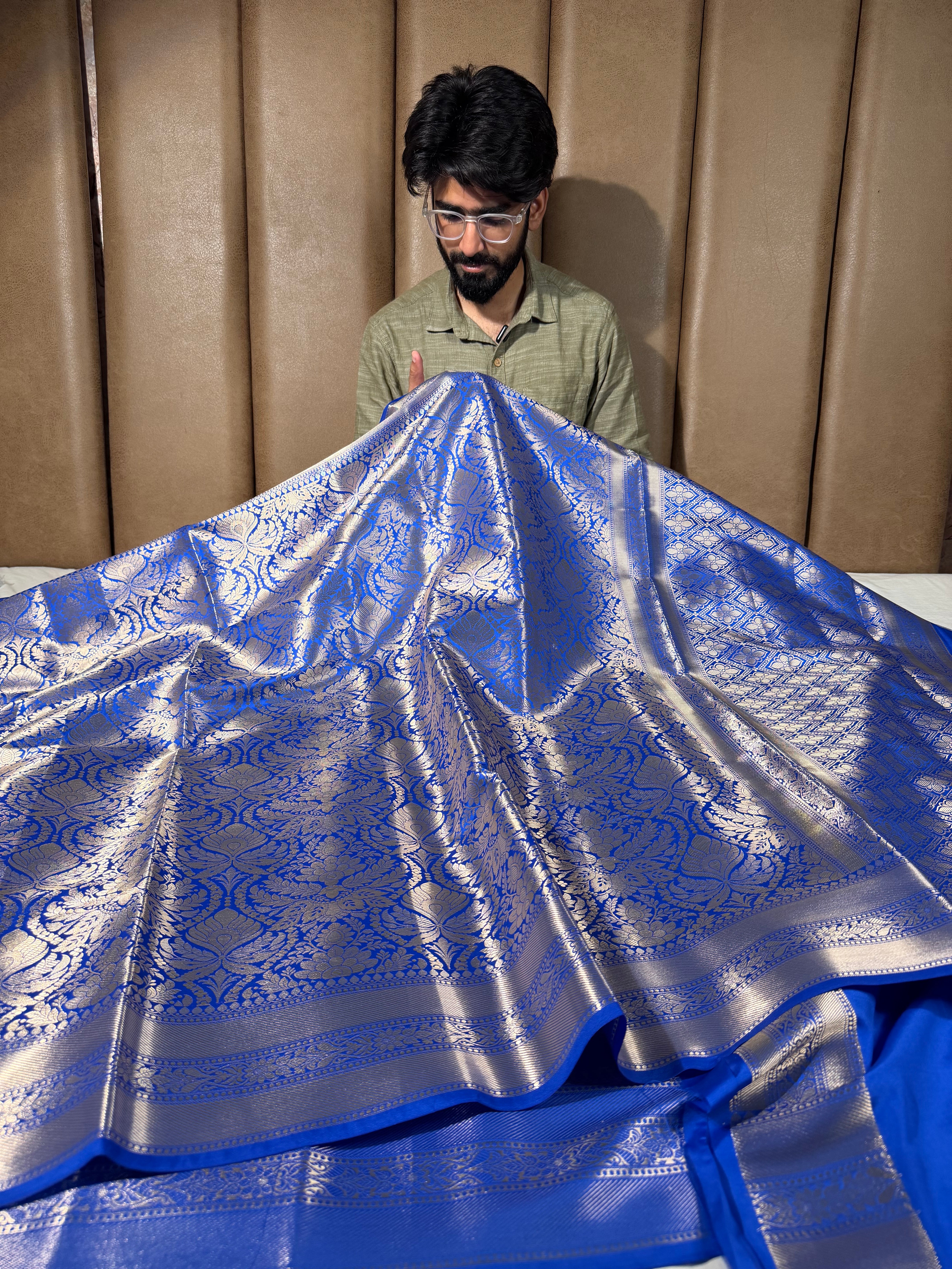 Royal Blue Softsilk Embossed Banarasi Saree
