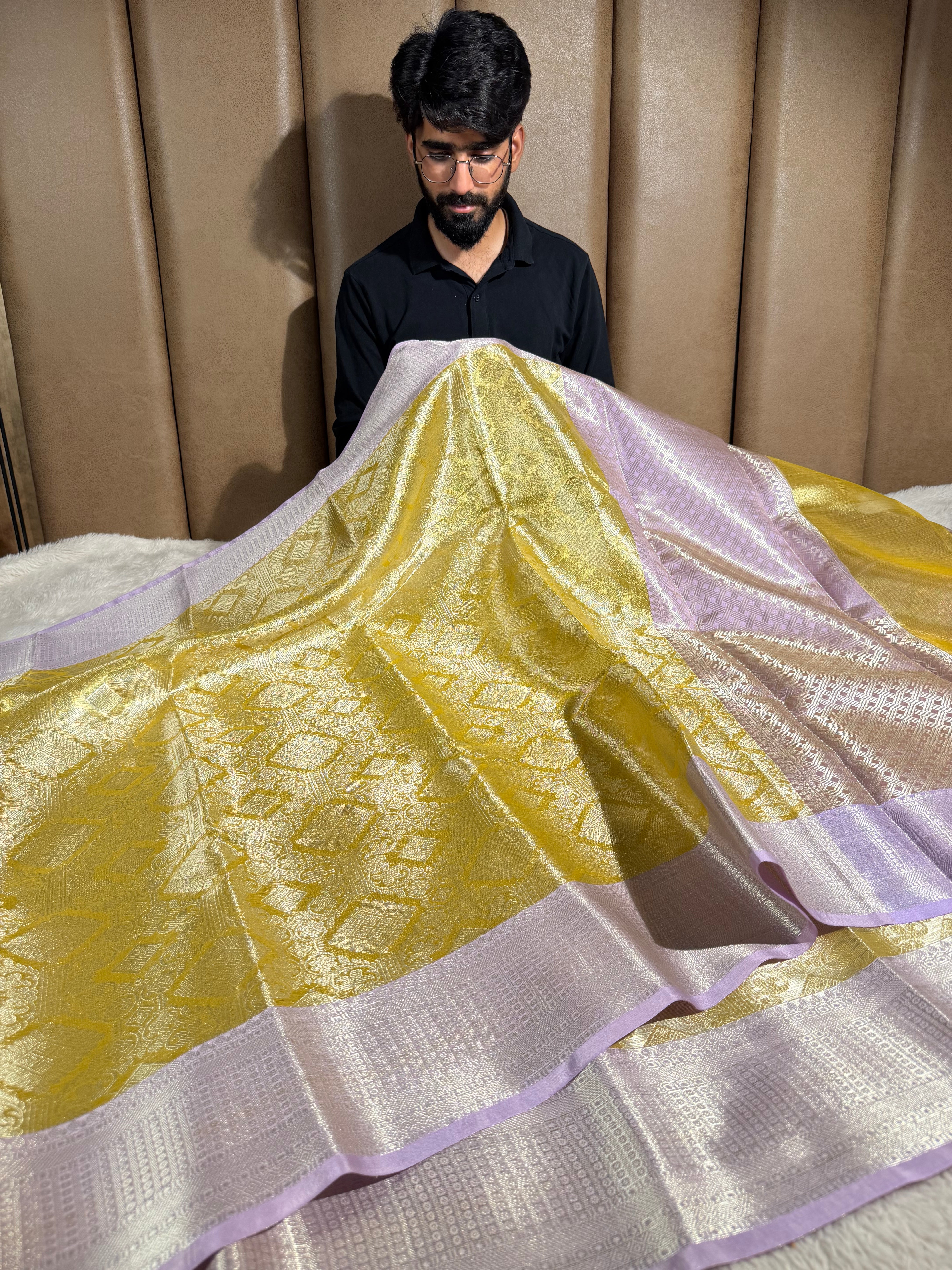 Lemon Yellow Kanjivaram Embossed Tissue Saree