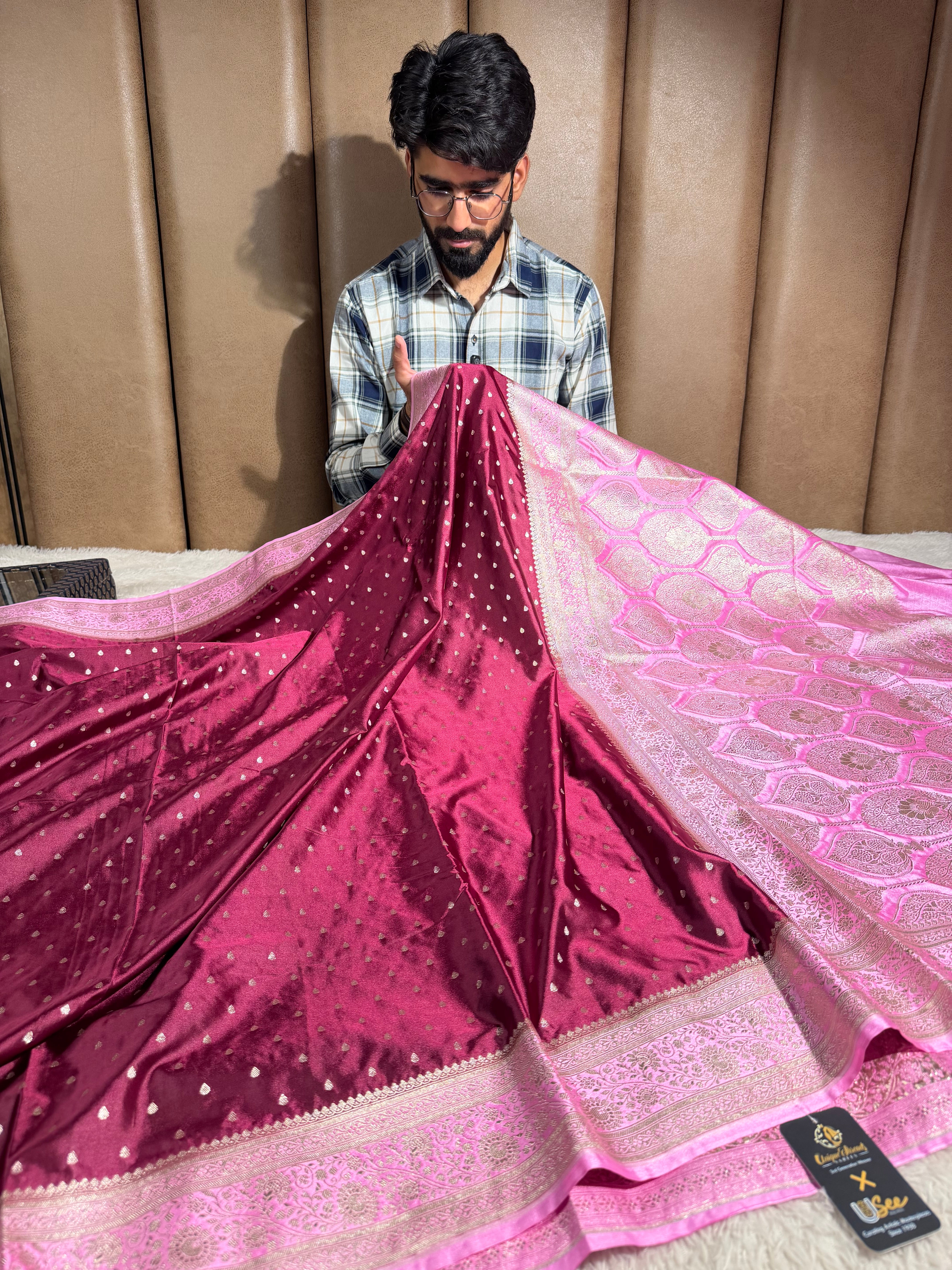 Wine-Pink  Mashru Katan Silk Zari Buti Weave Banarasi Saree