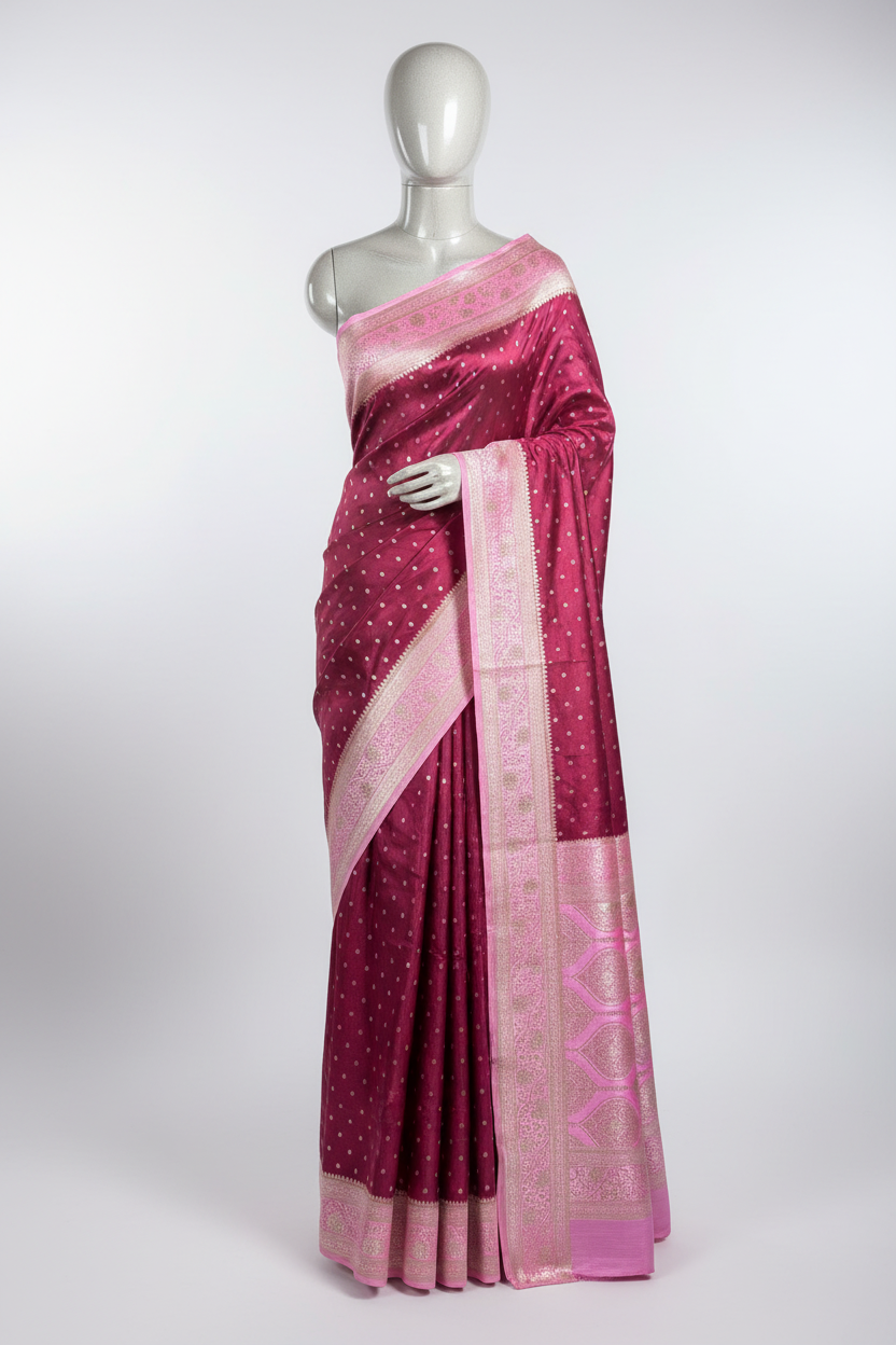 Wine-Pink  Mashru Katan Silk Zari Buti Weave Banarasi Saree