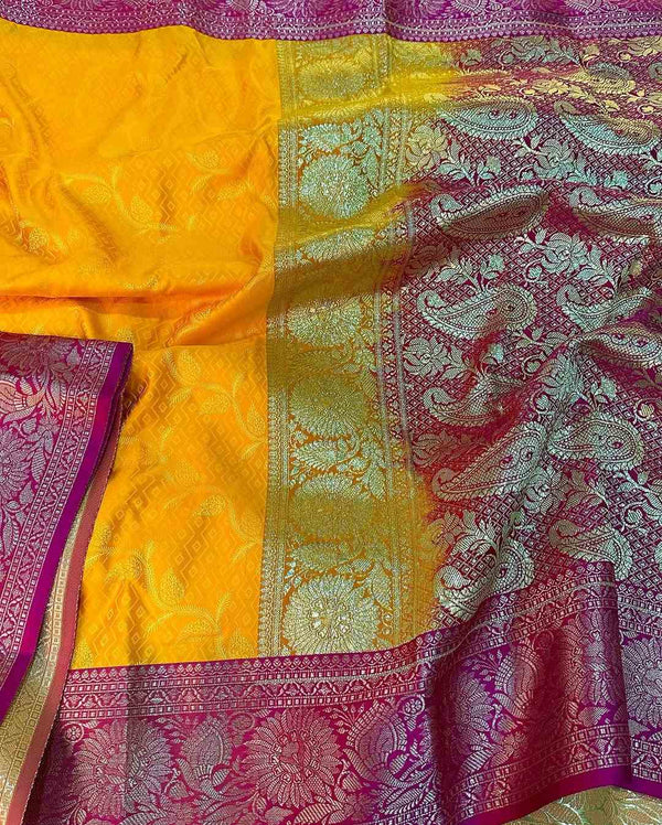 Exclusive Yellow with Rani Pink Contrast Shade Satin Katan Silk Saree