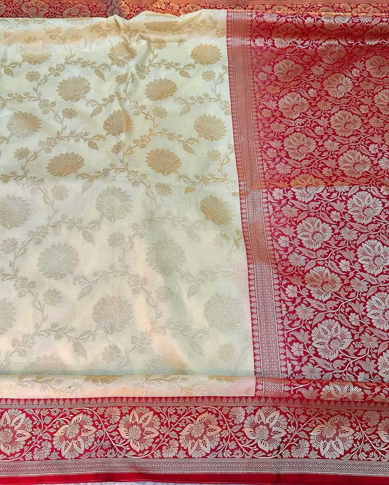 Pretty Contrast Shade Off White with Red Contrast Katan Silk Saree