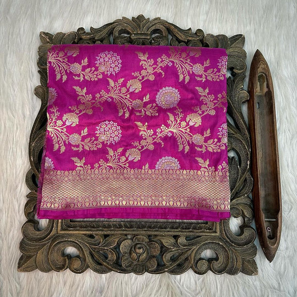 Dark Purple Shade Pure Katan Silk Banarasi Saree Weaved in Golden Zari Floral Jaal Pattern