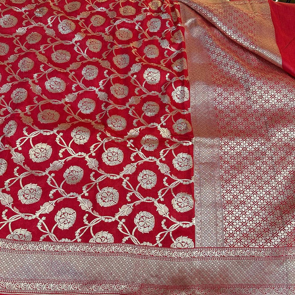 A Bridal Red Exclusive Pure Munga Silk Saree in Golden Zari Weave Floral Jaal Design