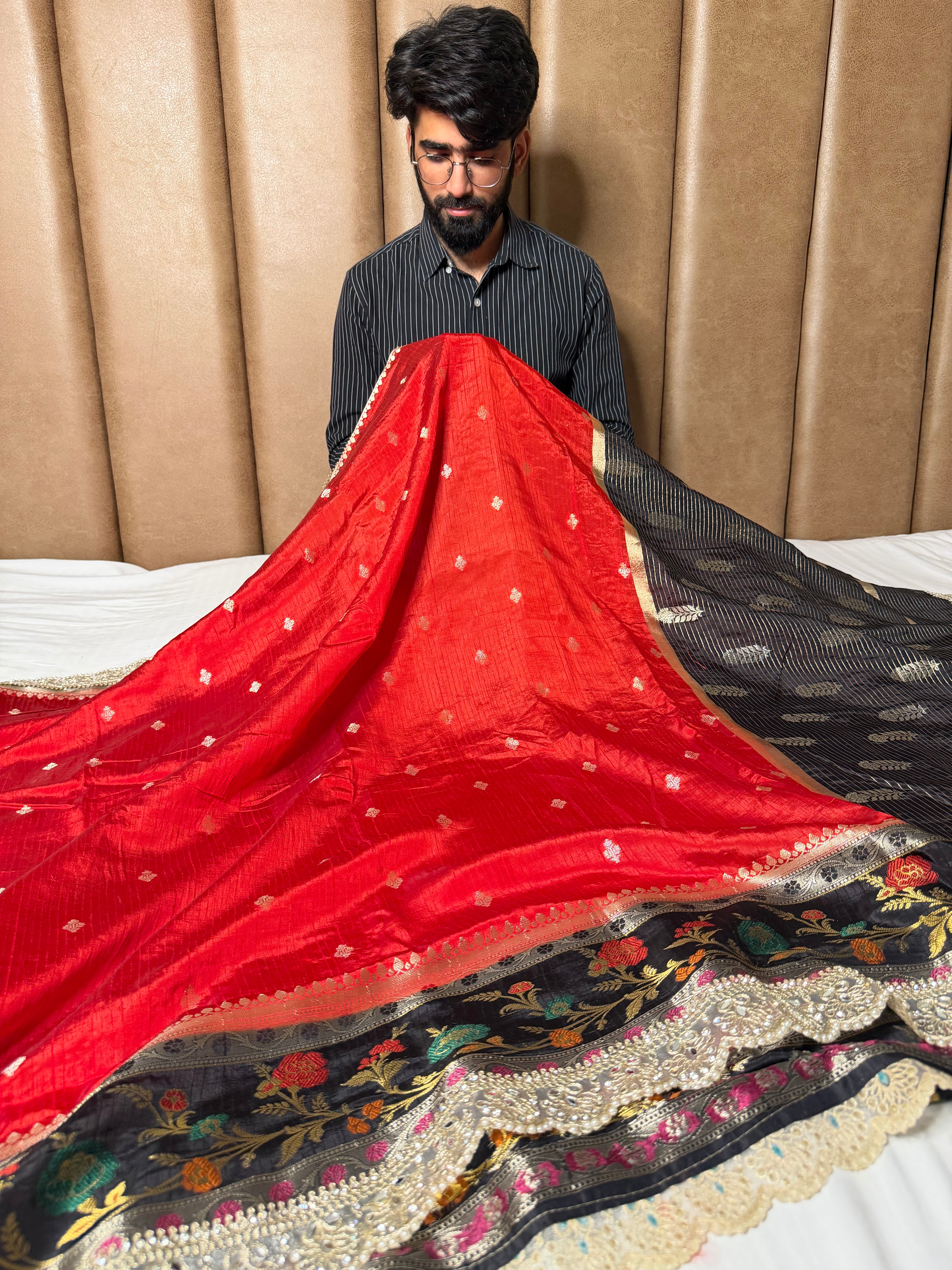 Red Black Premium Dupion Silk Lace Work Saree