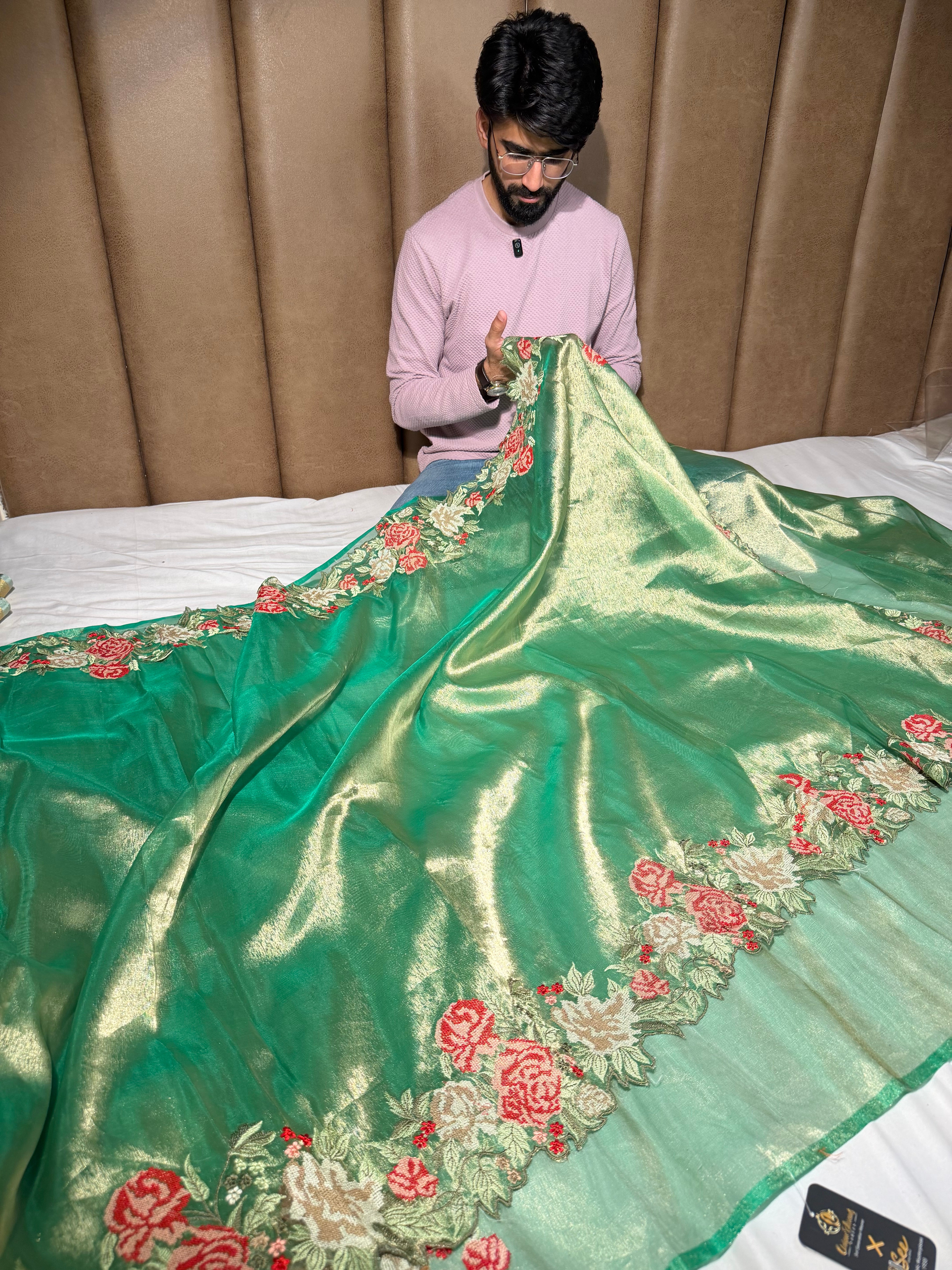 Emerald Green Tissue Silk Crochet Embroidery and Cutwork Banarasi Saree