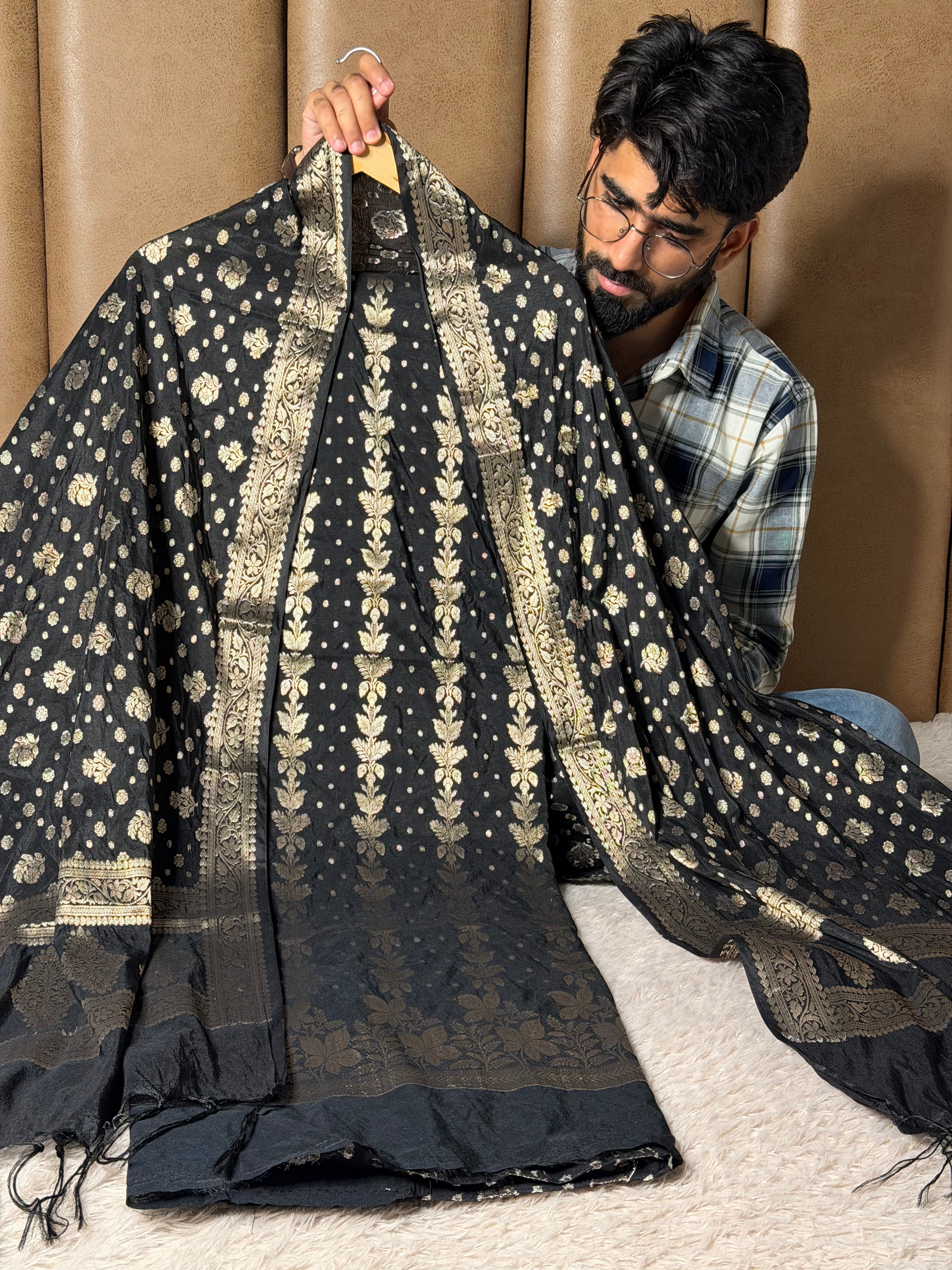 Jet black chinia silk 3 pcs banarasi suit