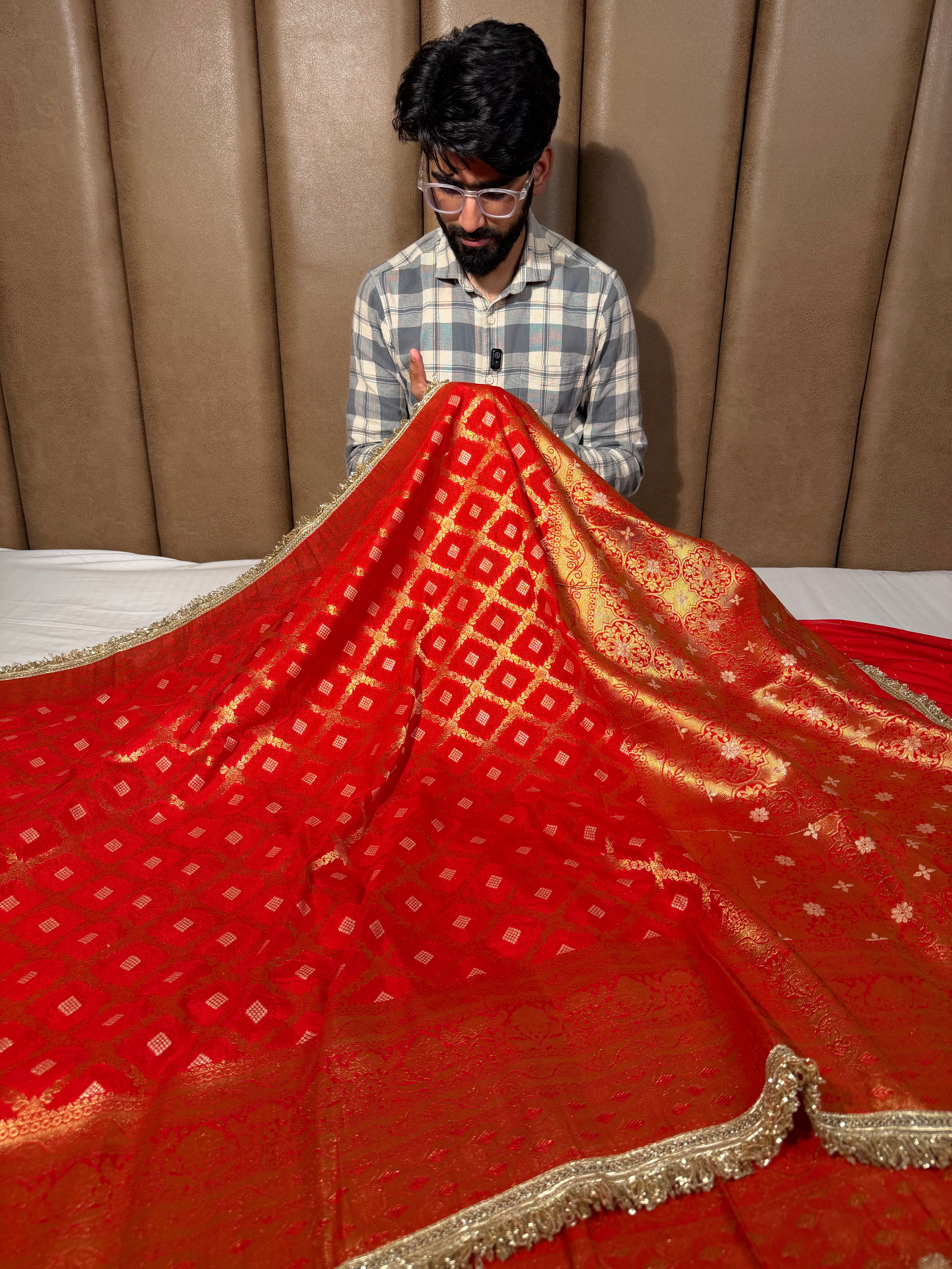 Bridal Red Chiniya Silk Lace Attached Banarasi Saree