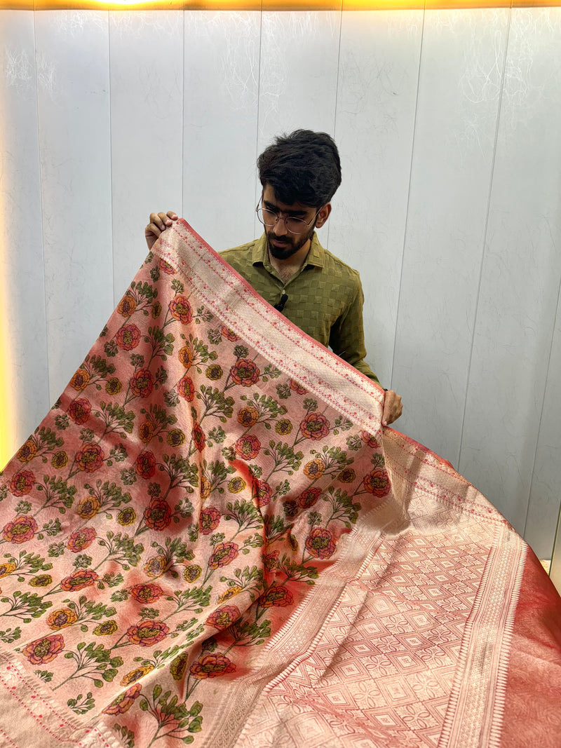 Orangish Red Shade Glass Tissue Silk Banarasi Saree