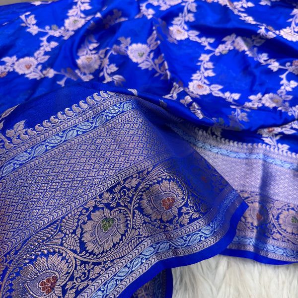 Bright Blue Chinia Silk Banarasi Saree