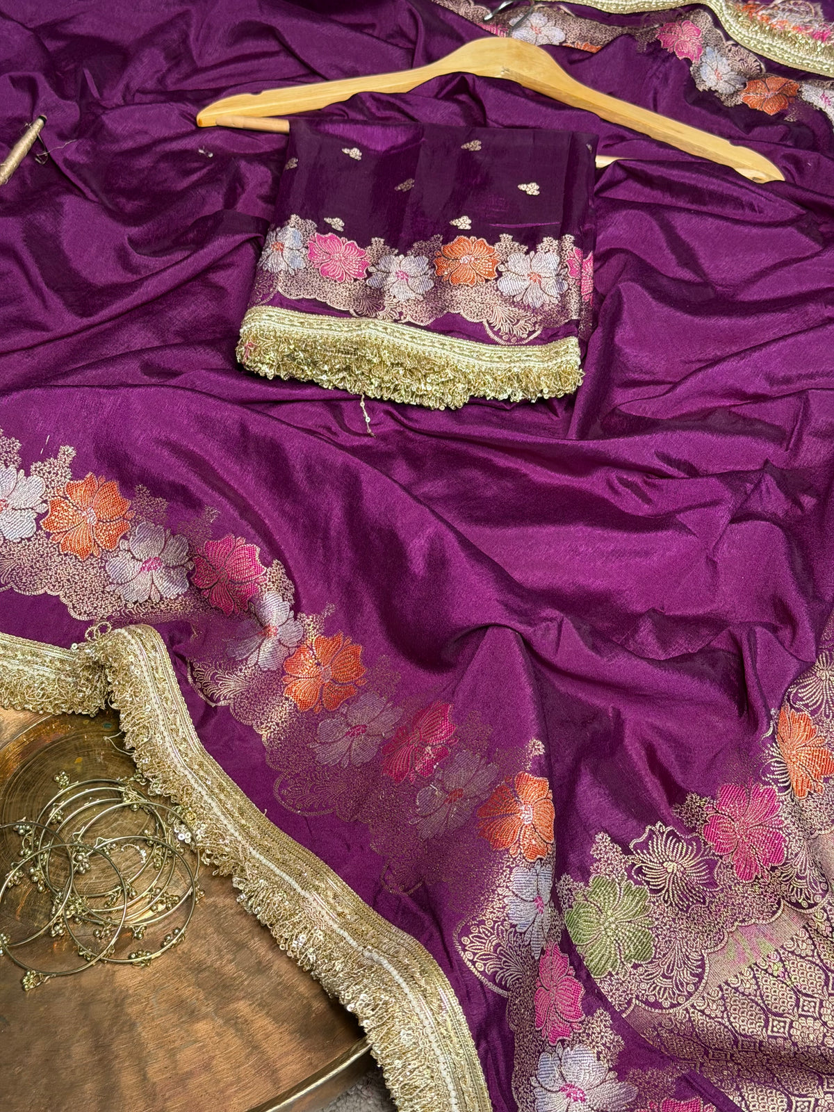 Bright Purple Warm Silk Contemporary Lace Work Saree