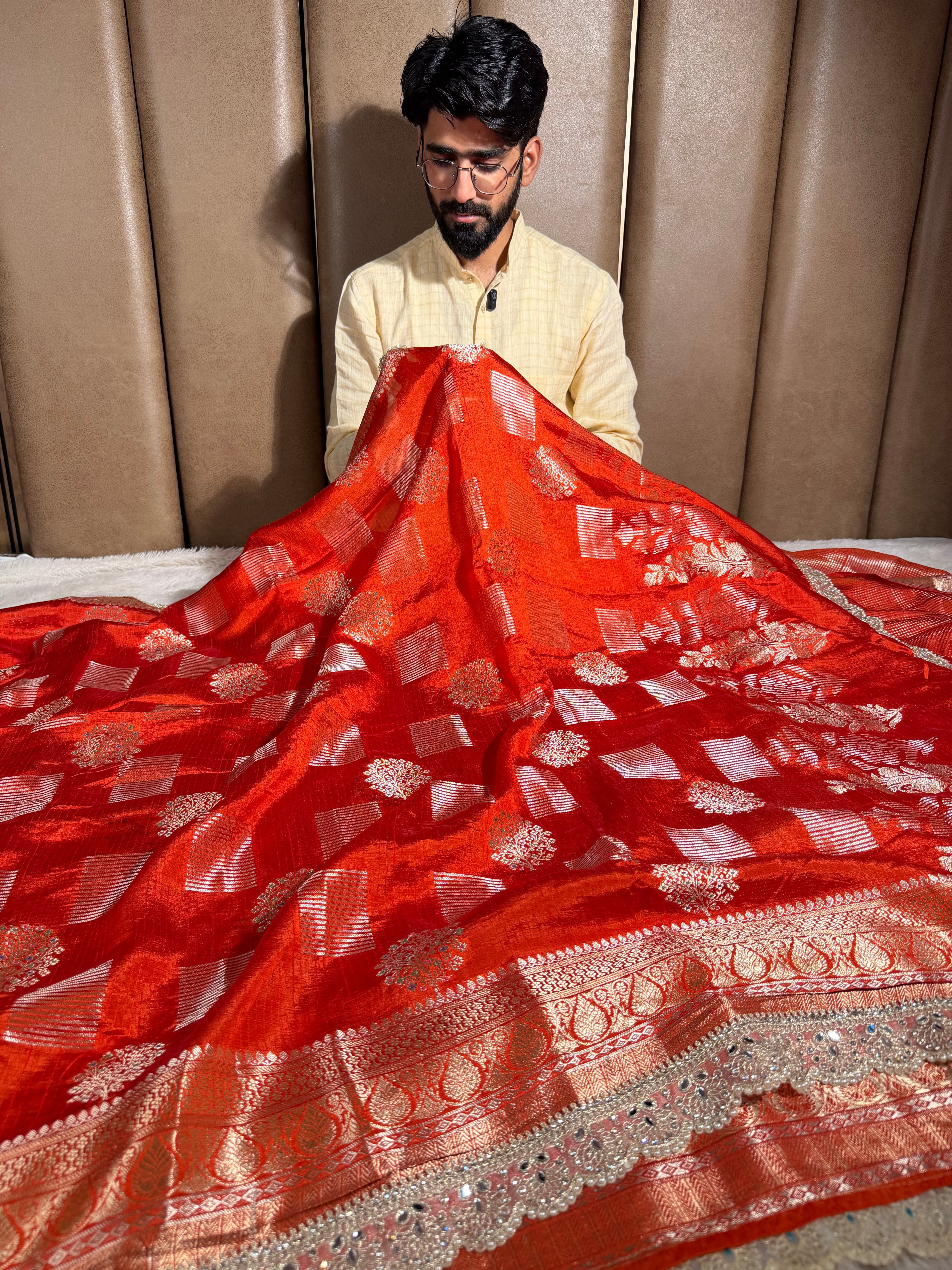 Bright Orange Dupion Silk Premium Designer Saree