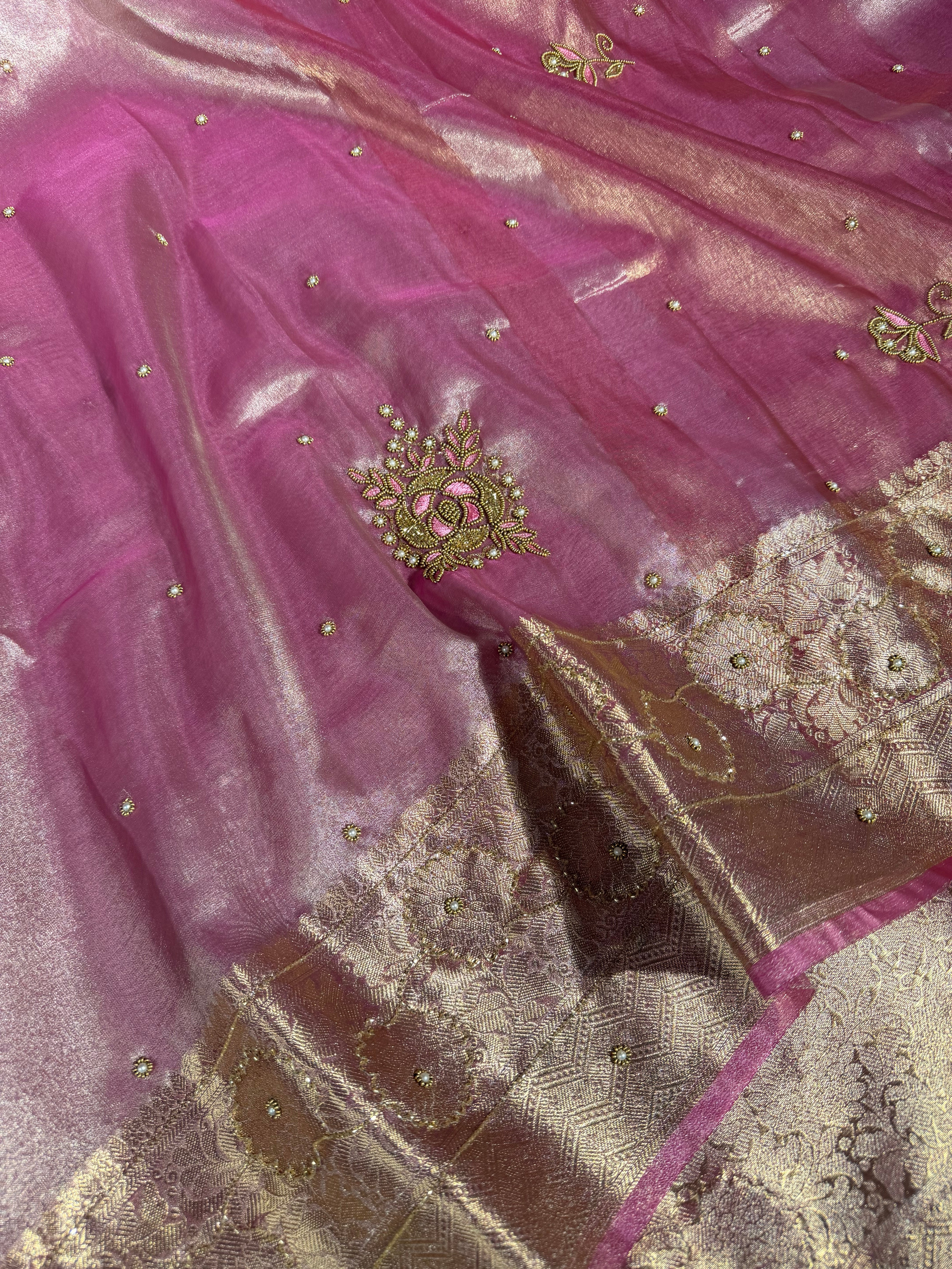 Preety Pink Tissue Silk Premium Handwork Banarasi Saree