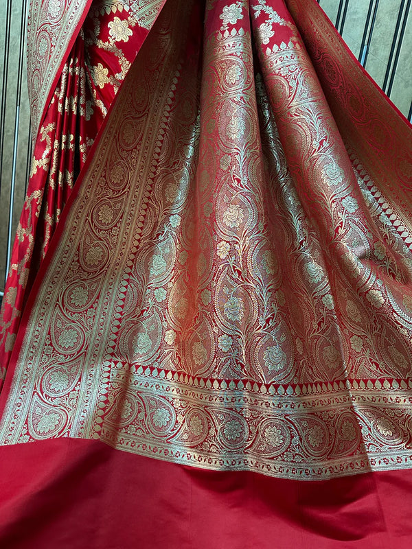 Bright Red Satin Katan Silk Bridal Banarasi Saree