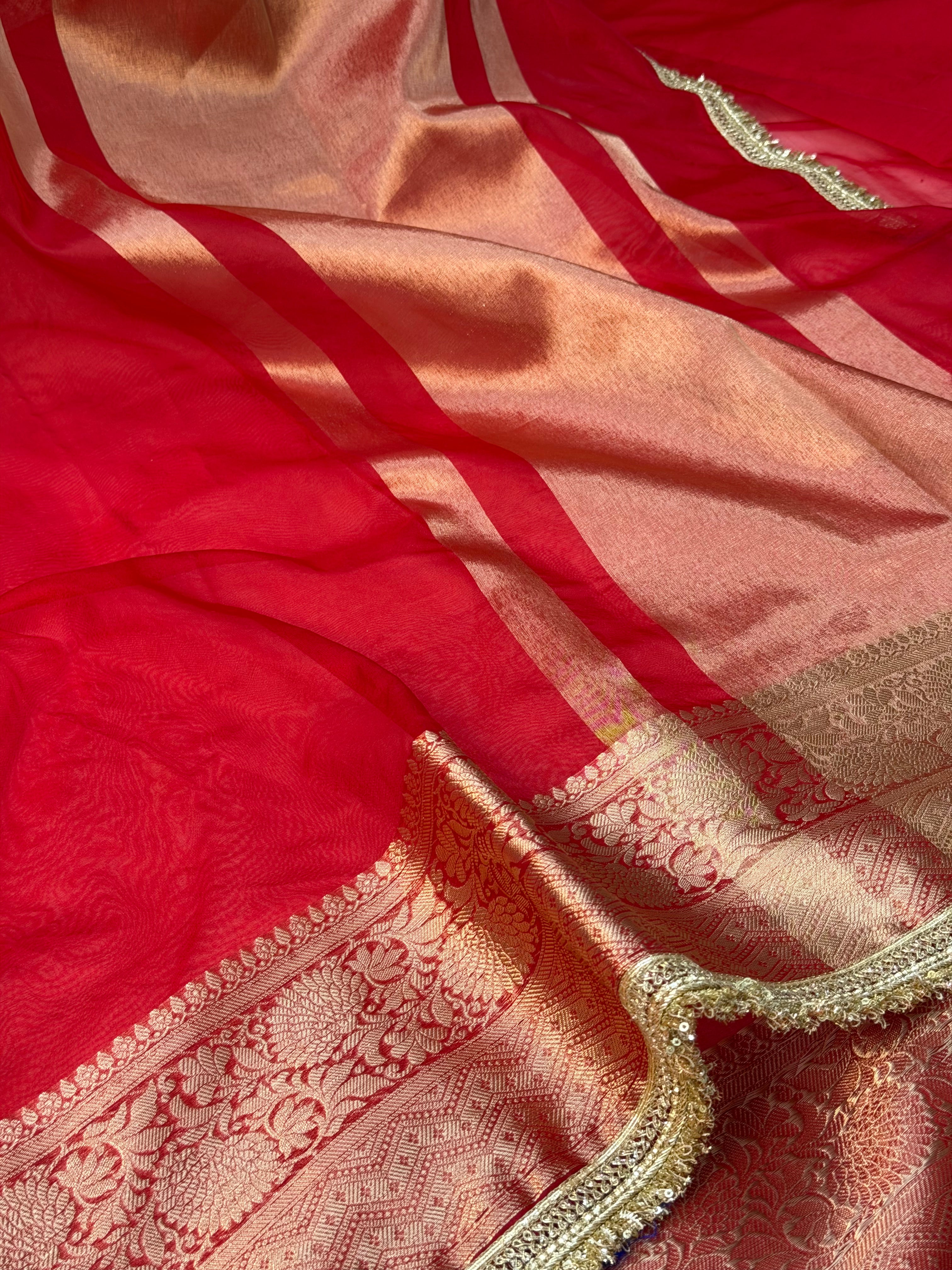 Bright Red Shade Organza Silk Designer Saree