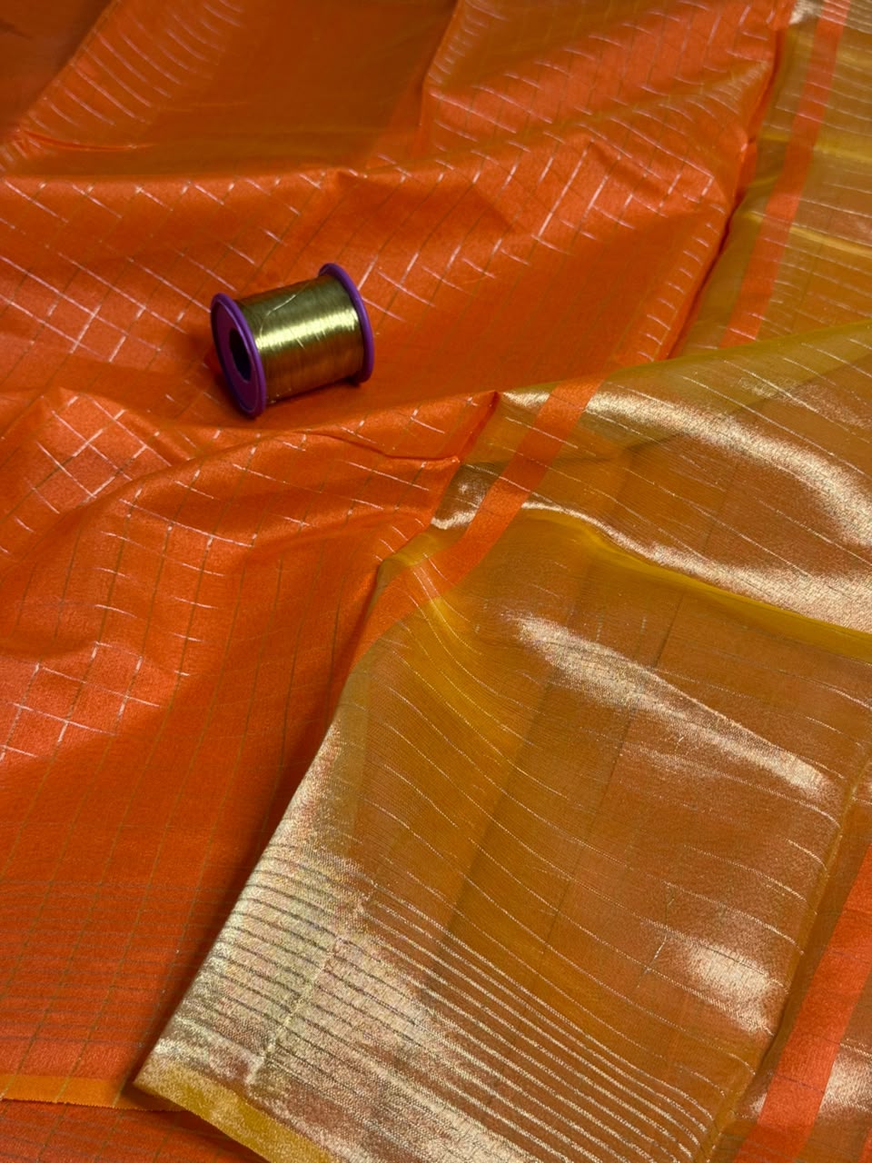Orange Zari Check Cotton Banarasi Saree