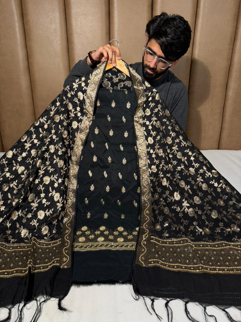 Jet Black Chinia Silk Premium Handwork Suit