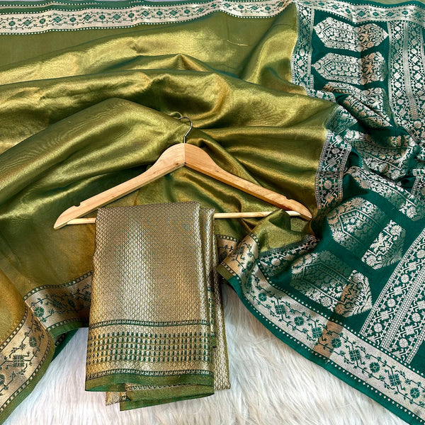 Alluring Metallic Mehendi Green Shade Glass Tissue Silk Saree