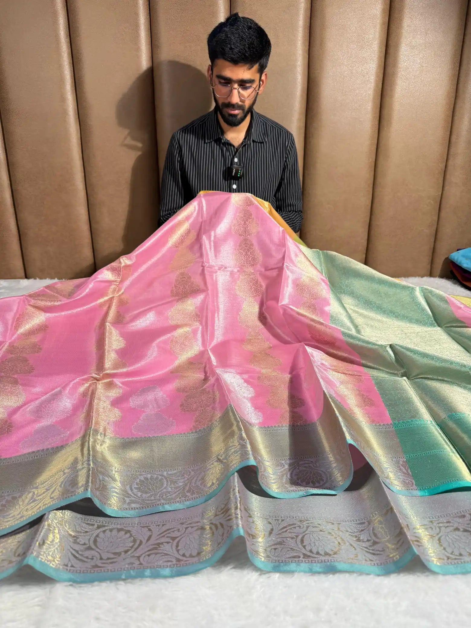 Bright pink soft tissue traditional Banarasi saree