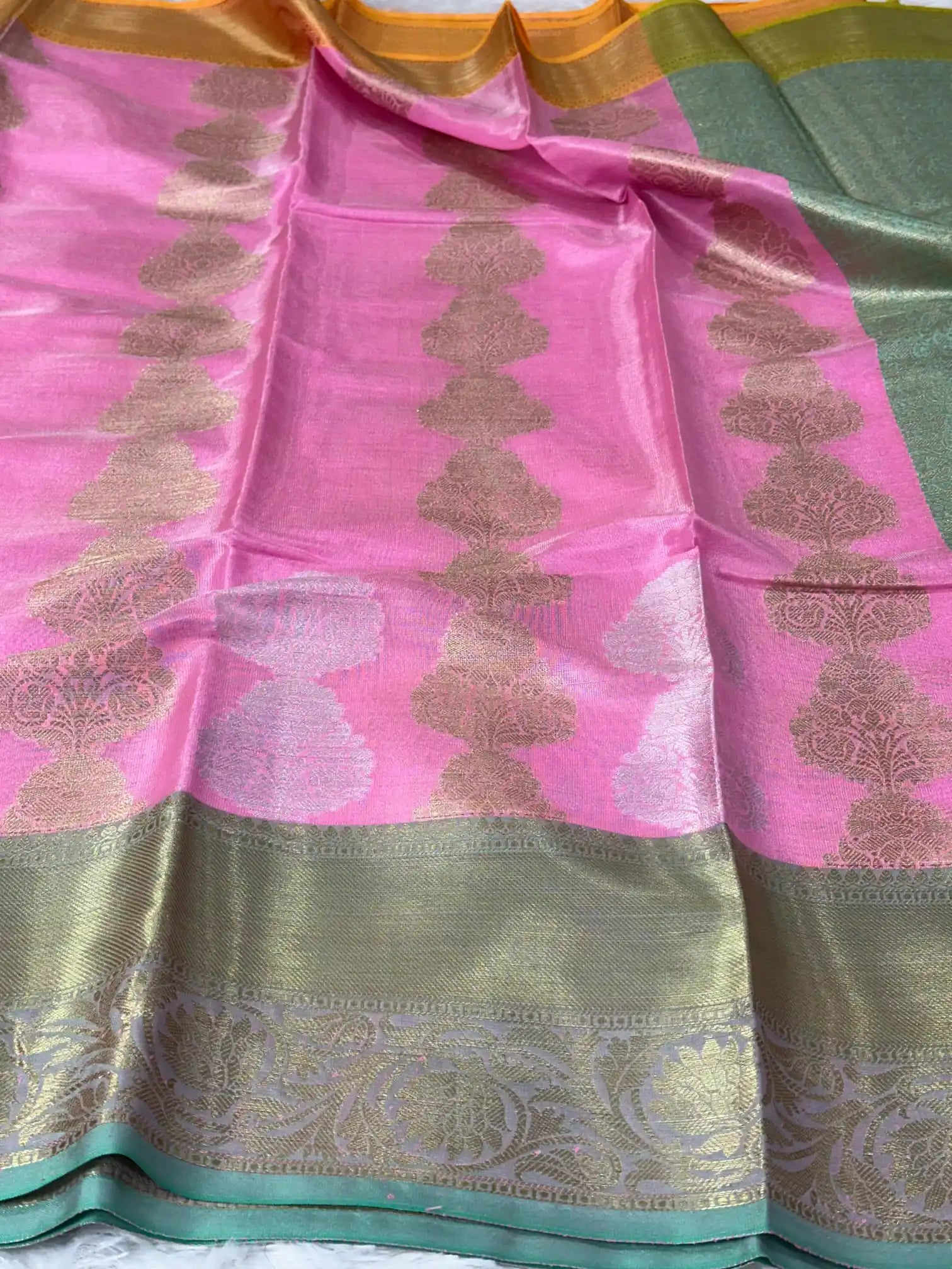 Bright pink soft tissue traditional Banarasi saree