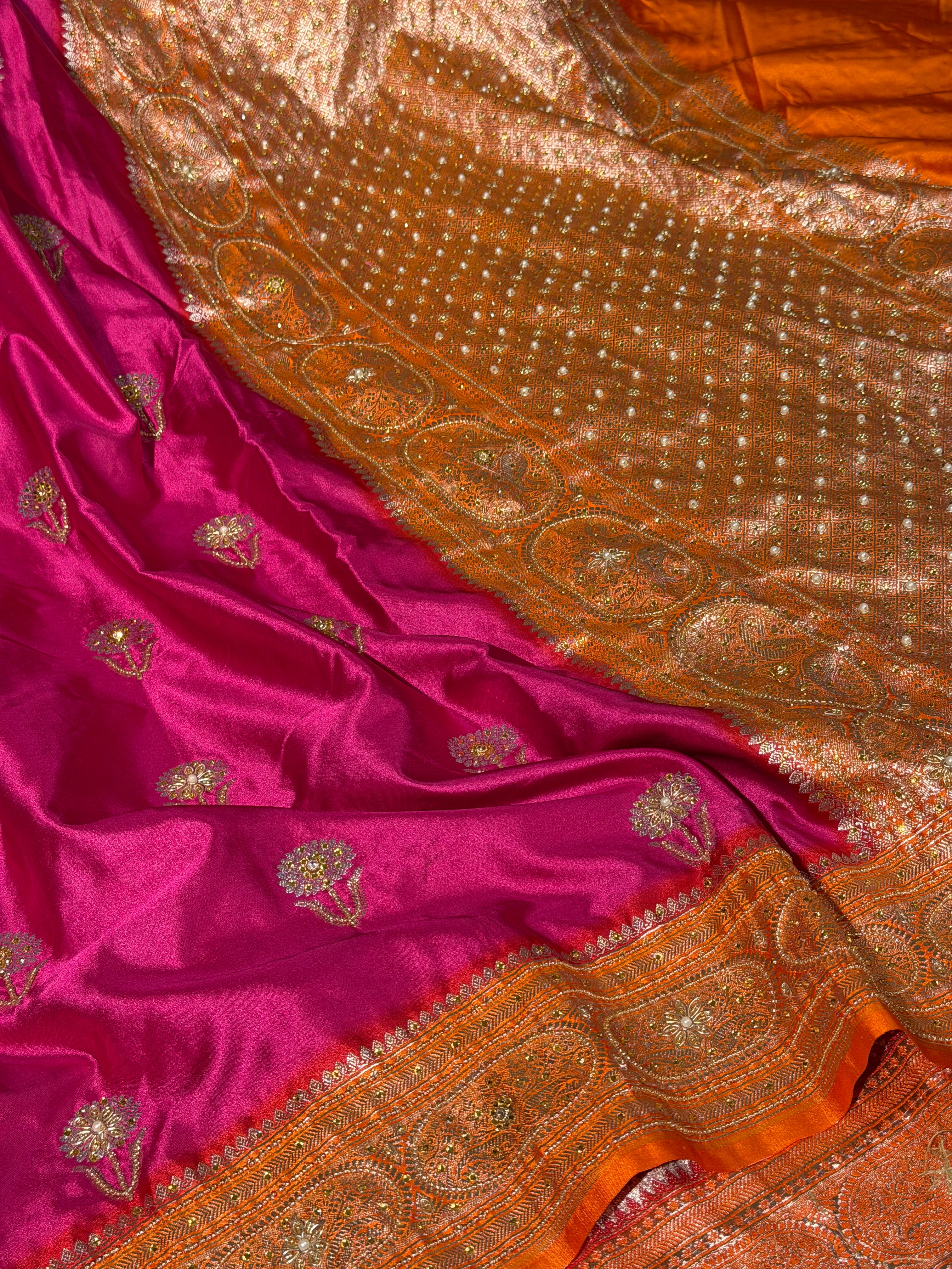 Rani Orange Mashru Katan Premium Handwork Saree