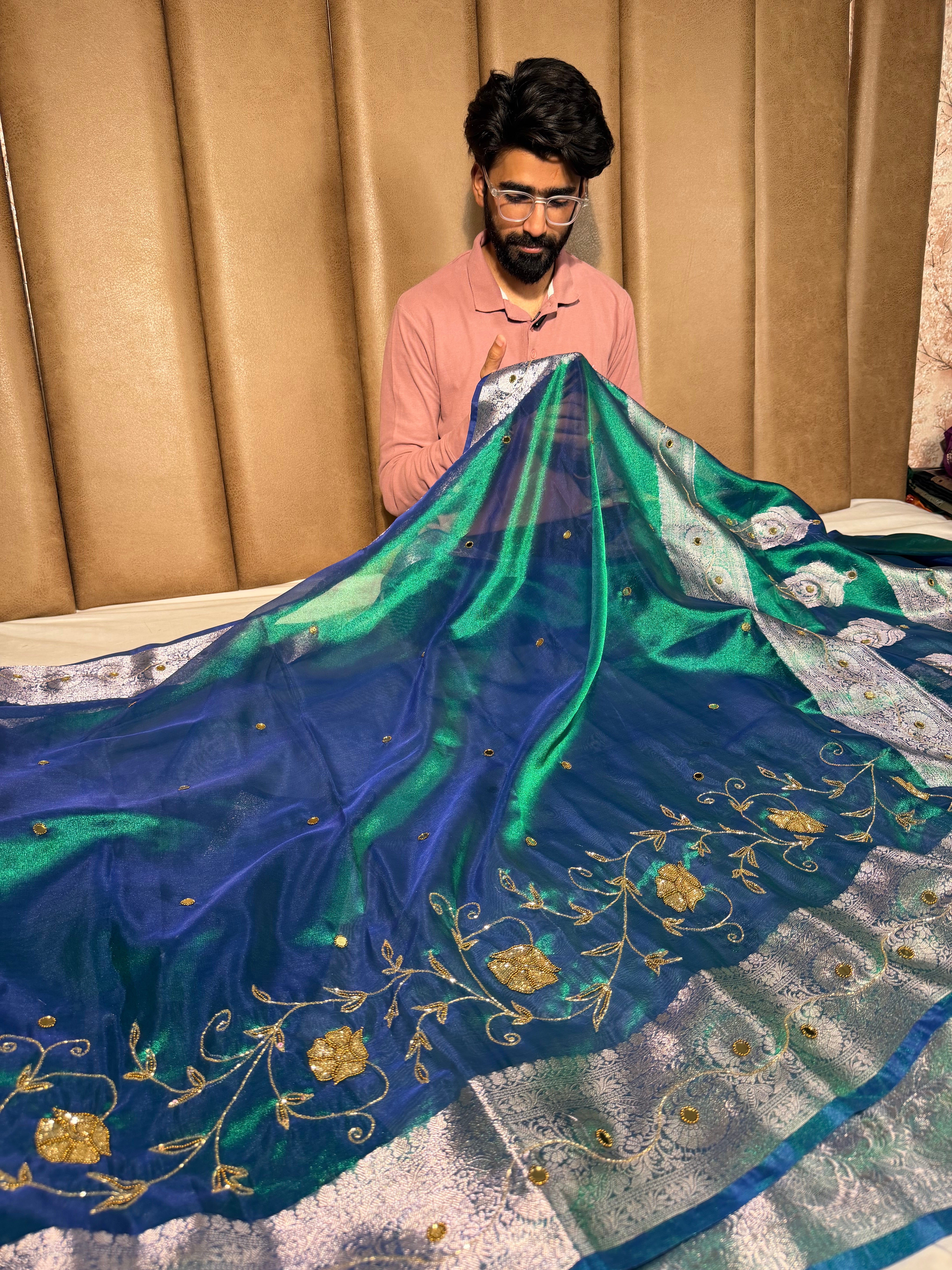 Rare Peacock Kora Tissue Intricate Handwork Banarasi Saree