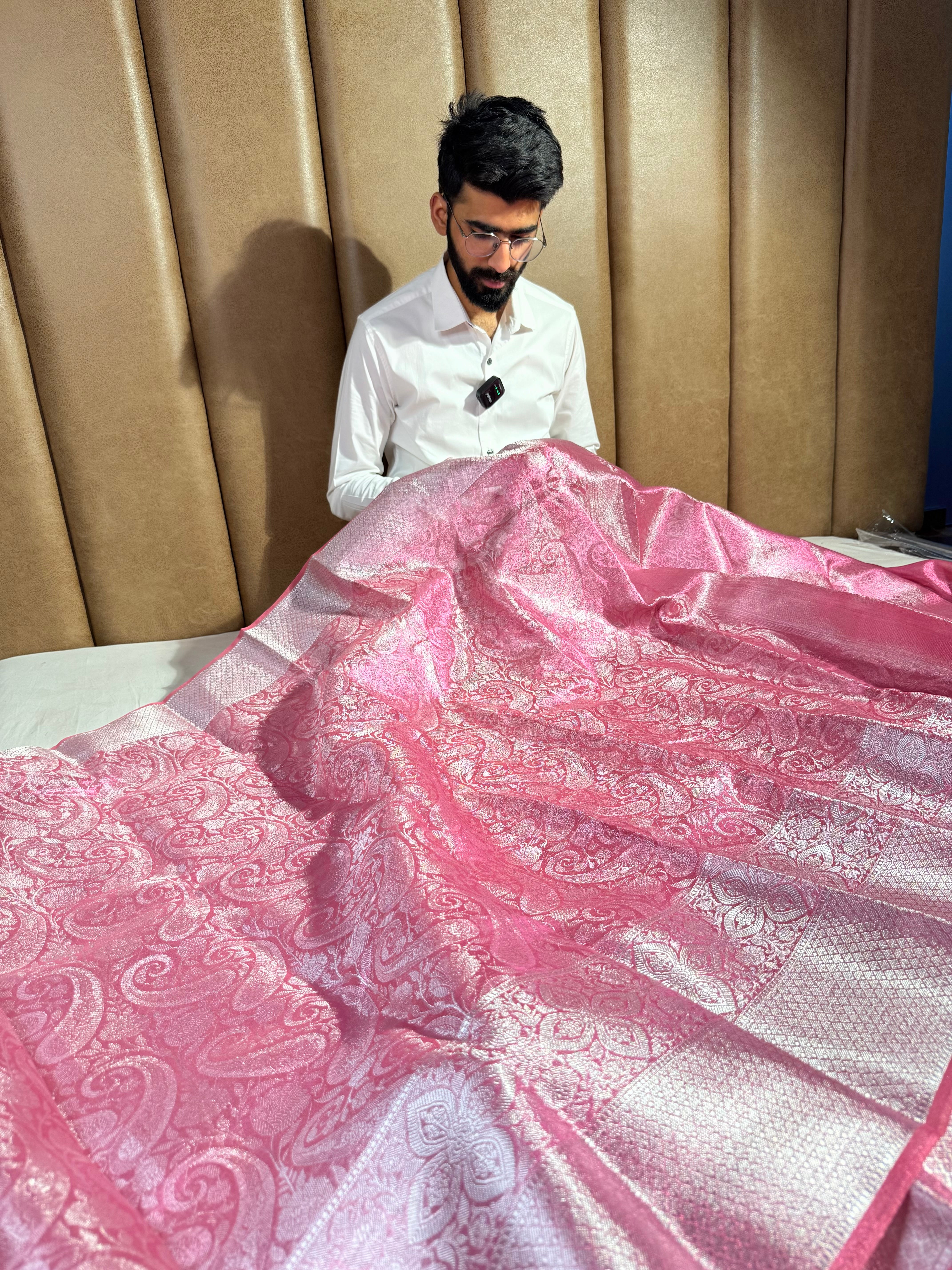 Metallic Pink Tissue Silk Floral Weave Saree