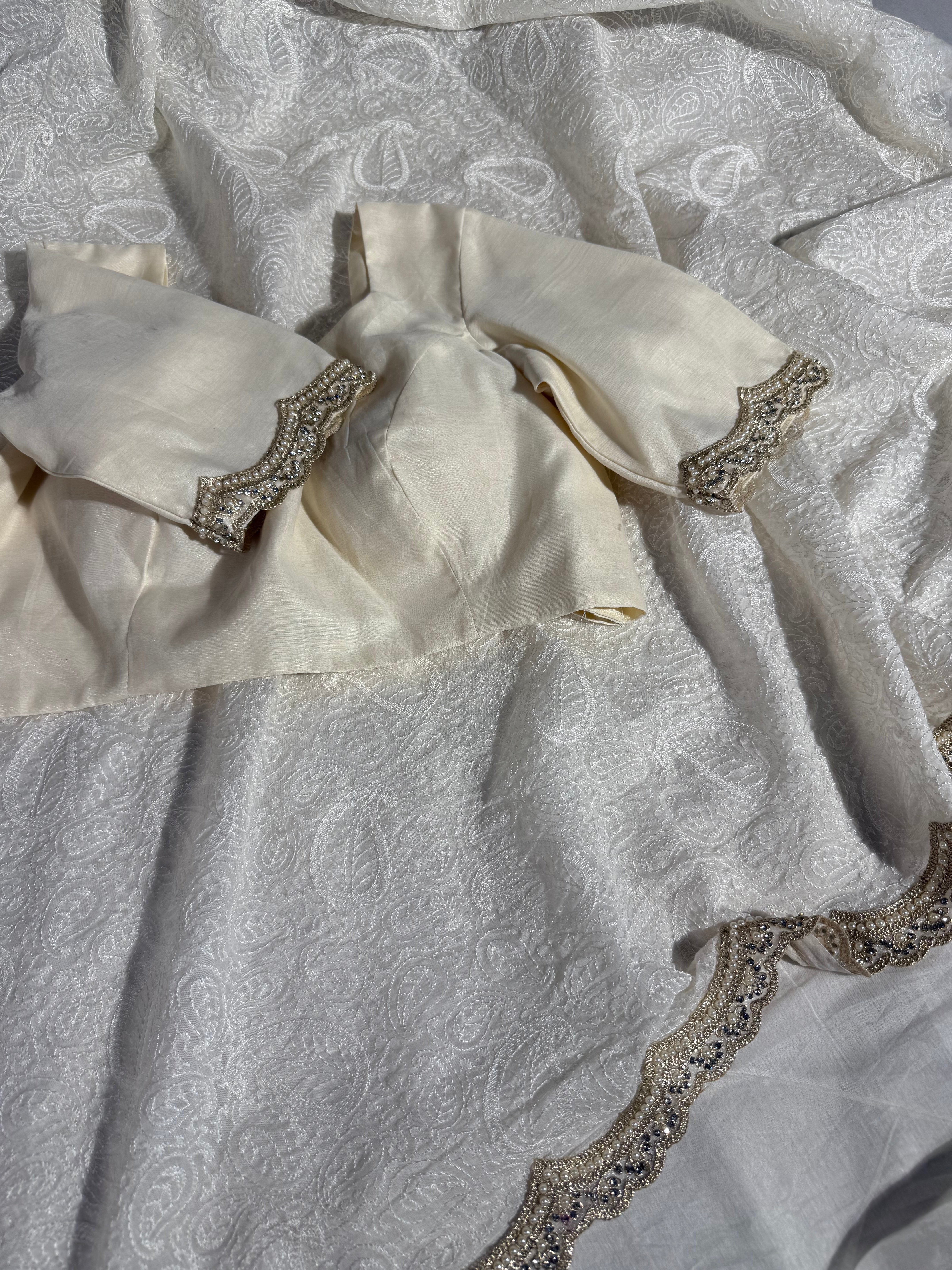 Ivory Cream Pure Mul Cotton Chikankari Embroidery Designer Saree