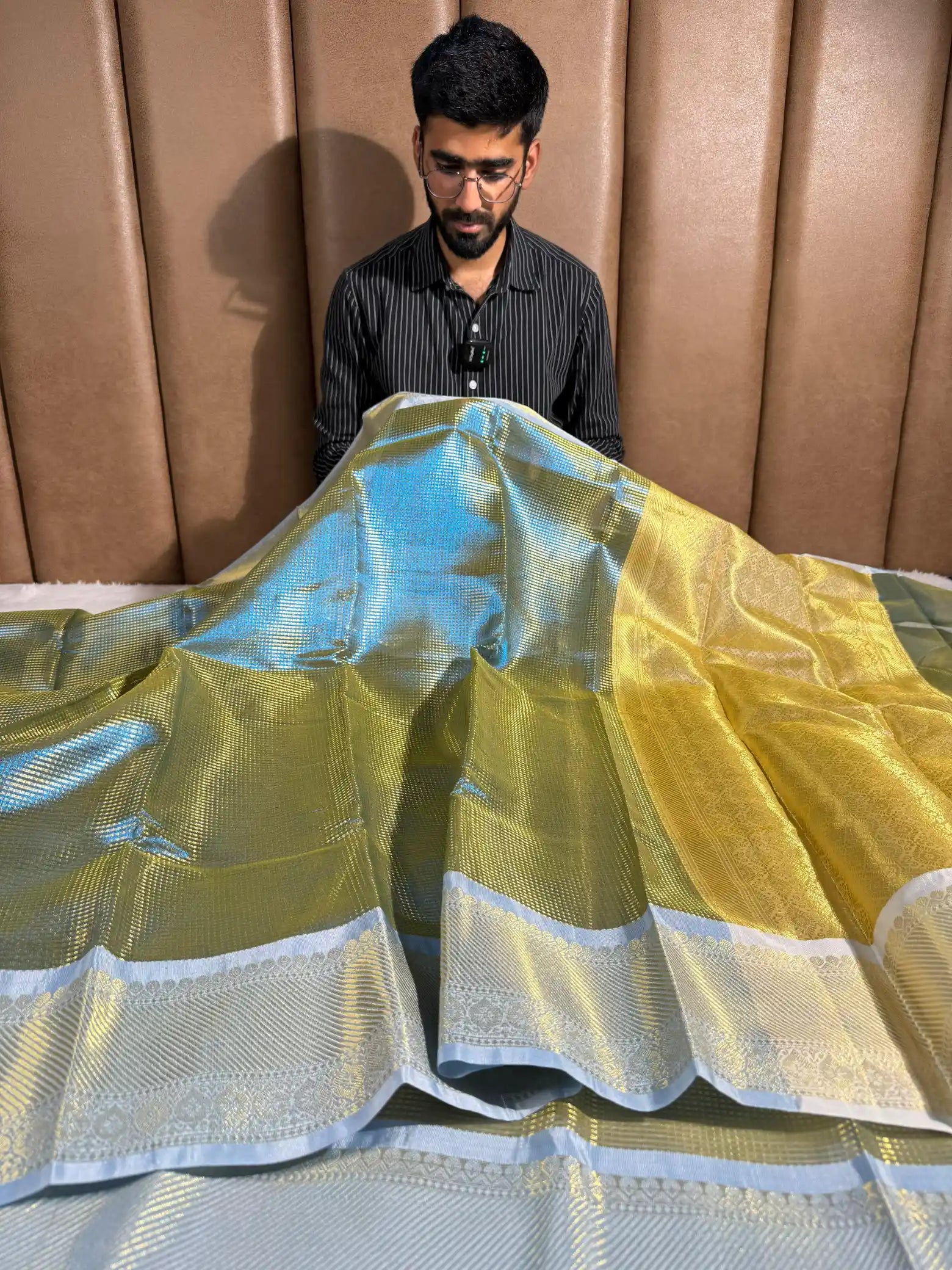 Metallic blue brocade kanjivaram tissue saree
