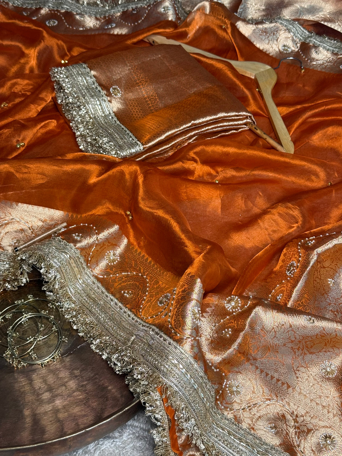 Metallic Orange Pure Tissue Silk Ghungroo Handwork Saree