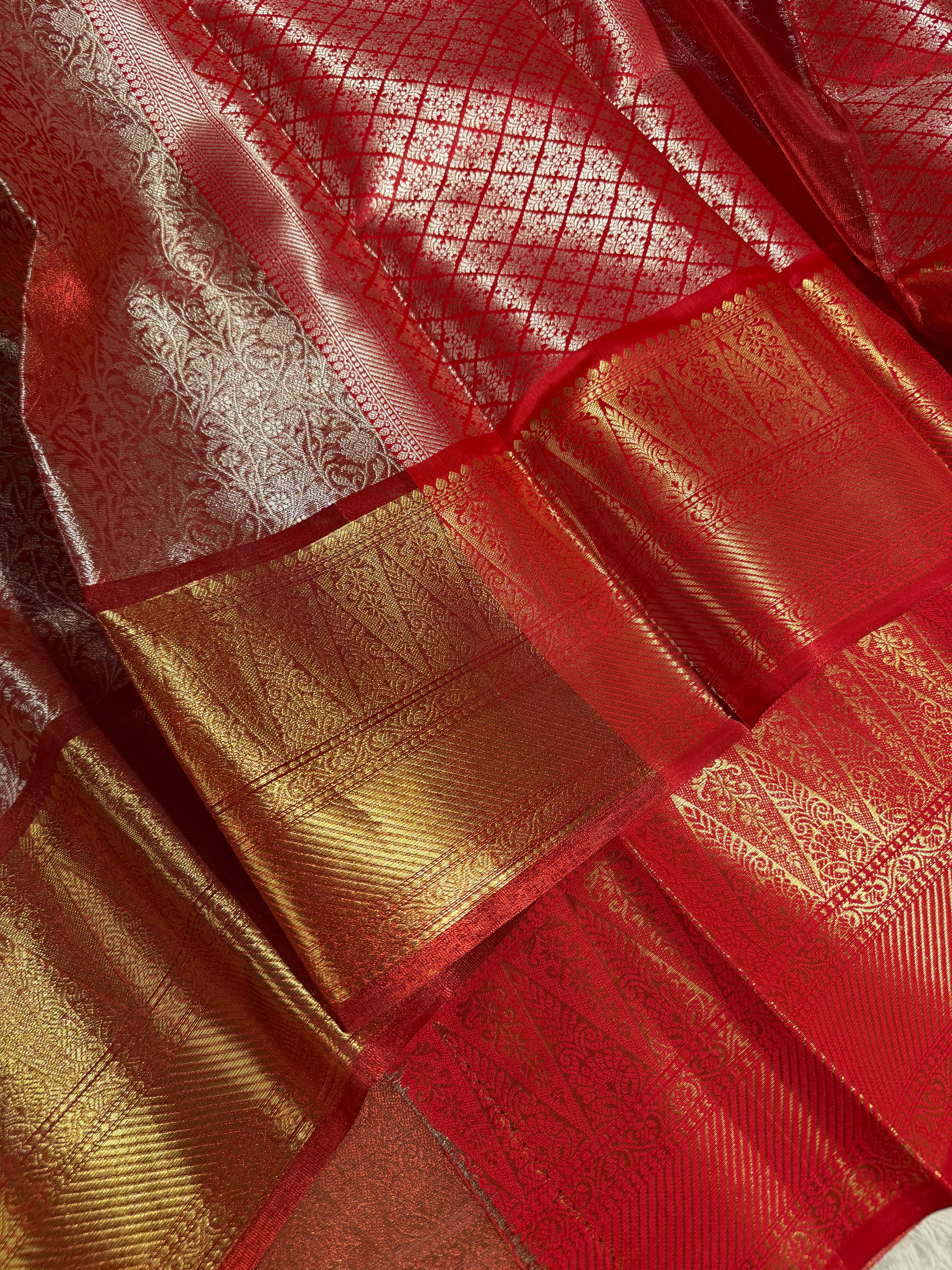 Dual Shaded Red Kanjivaram Embossed Tissue Saree