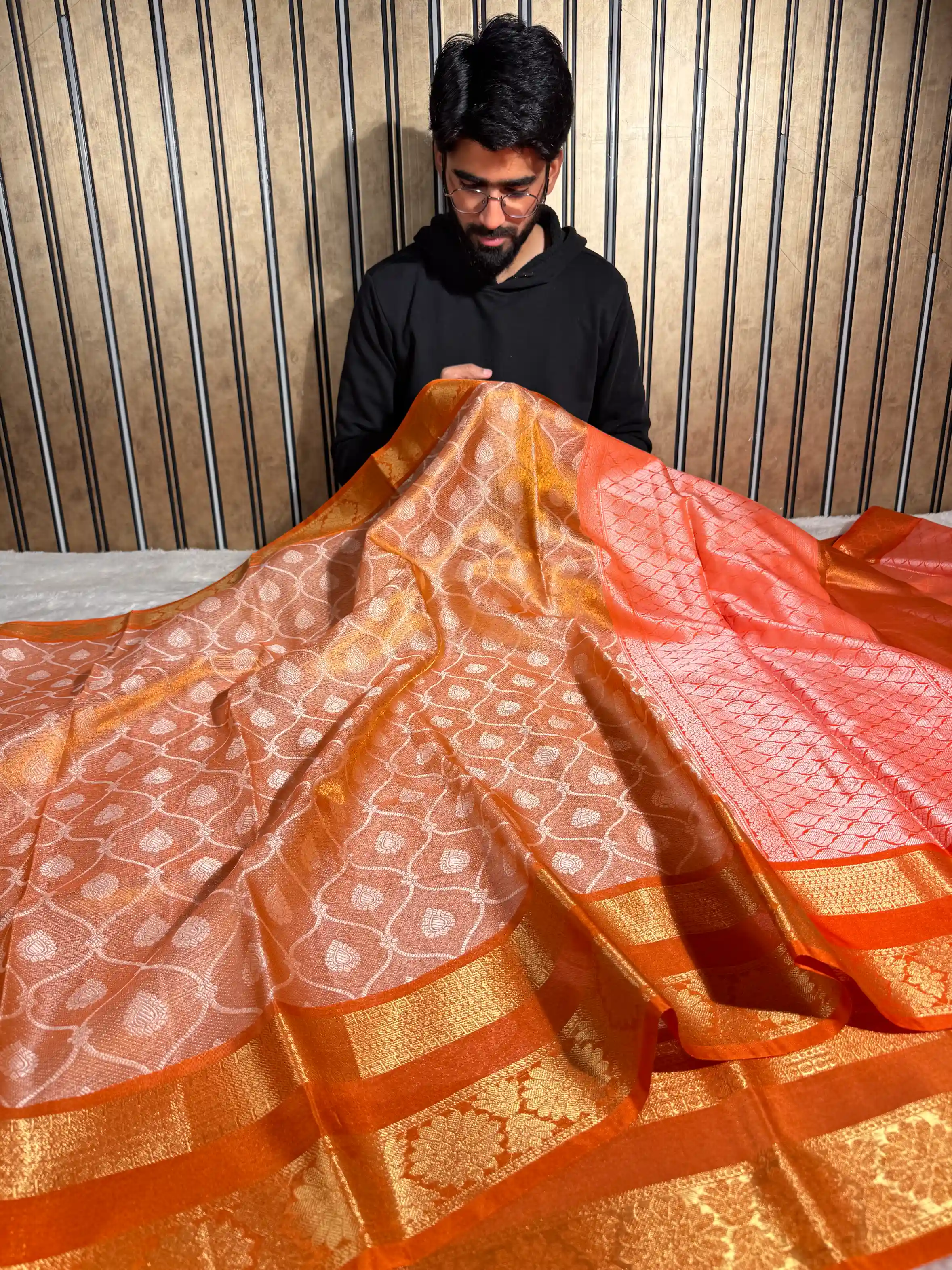 Metallic Orange Traditional Softsilk Banarasi Saree
