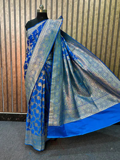 Sky Blue Satin Katan Silk Bridal Banarasi Saree