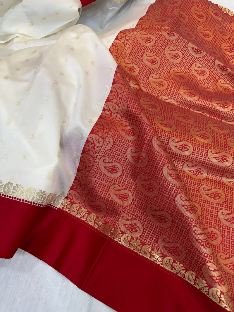 White Red Softsilk Banarasi Saree