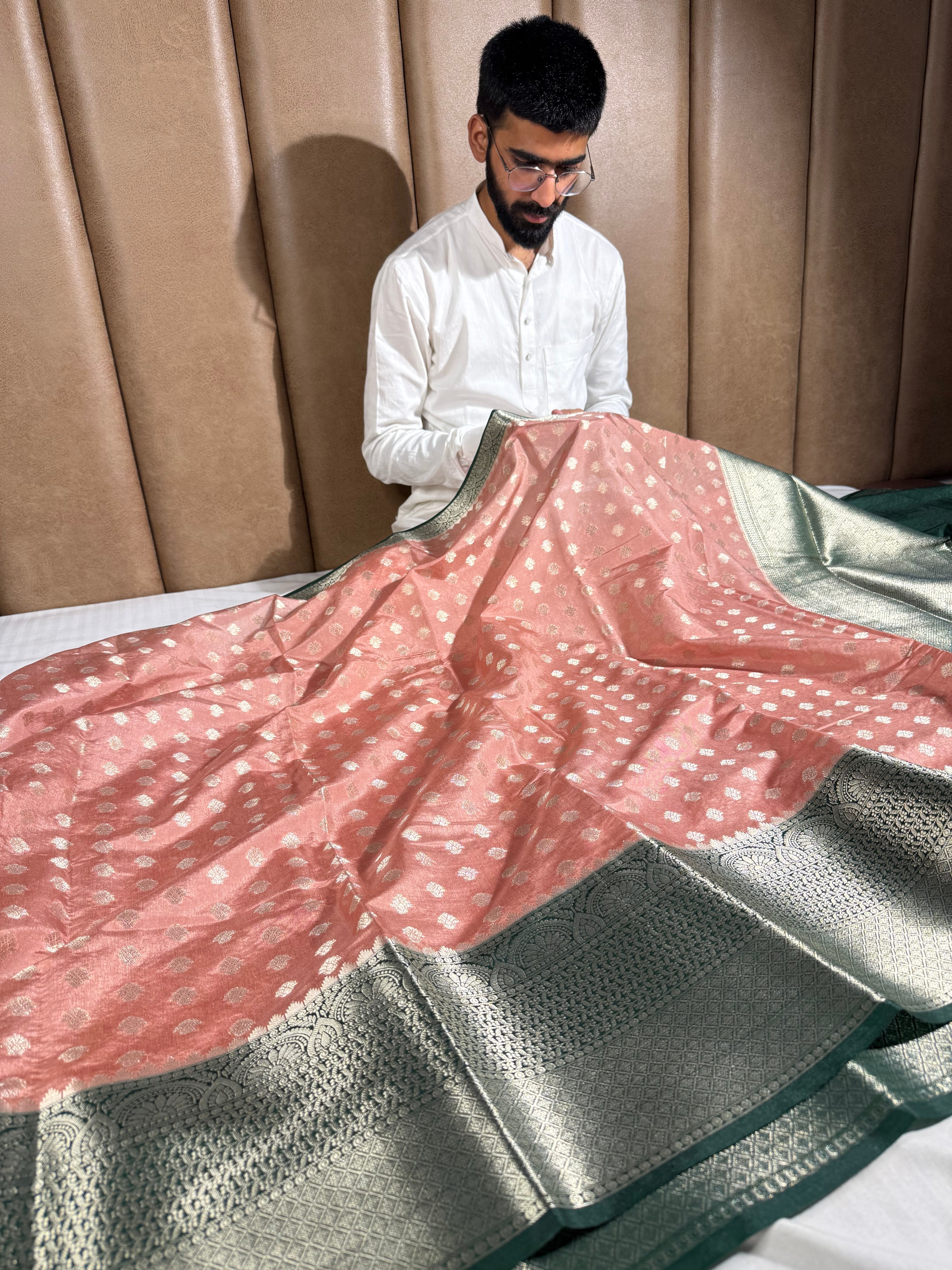 Peach Chinia Silk Khaddi Buti Weave Banarasi Saree