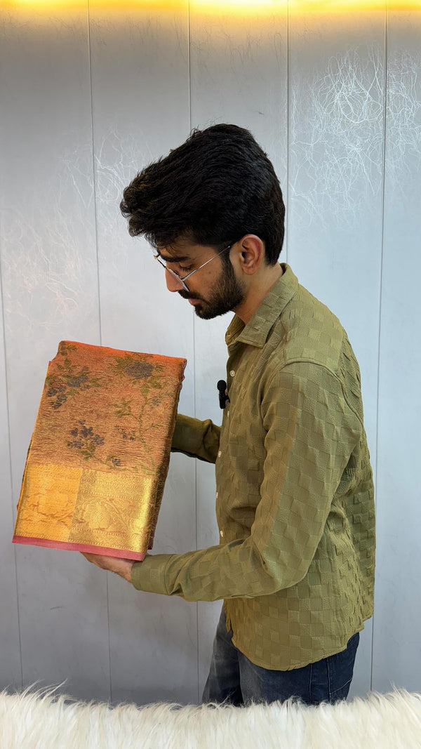 Rare Copper Shade Crush Tissue Silk Saree with Floral Prints