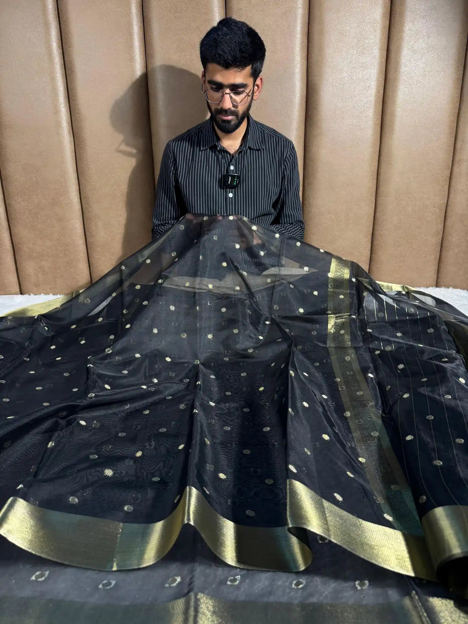 Jet black soft cotton silk Banarasi saree