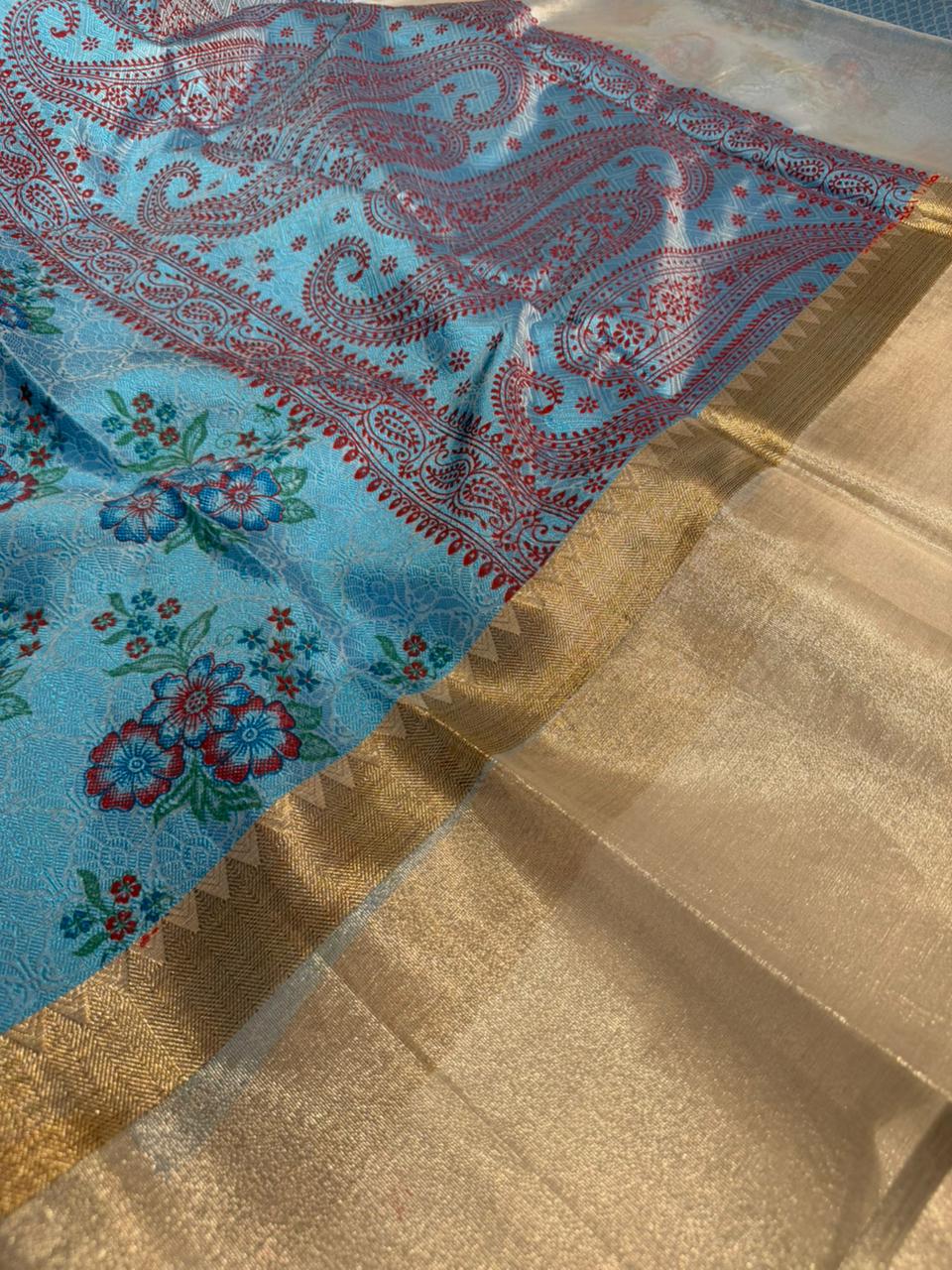 Firozi Shade Embossed Weave Tissue Silk Saree