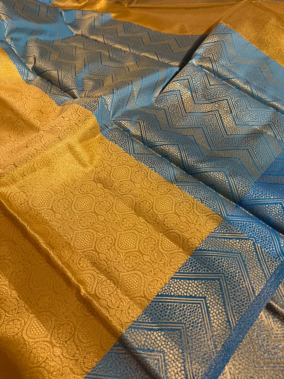 Golden Contrast Soft Tissue Silk Embossed Weave Banarasi Saree