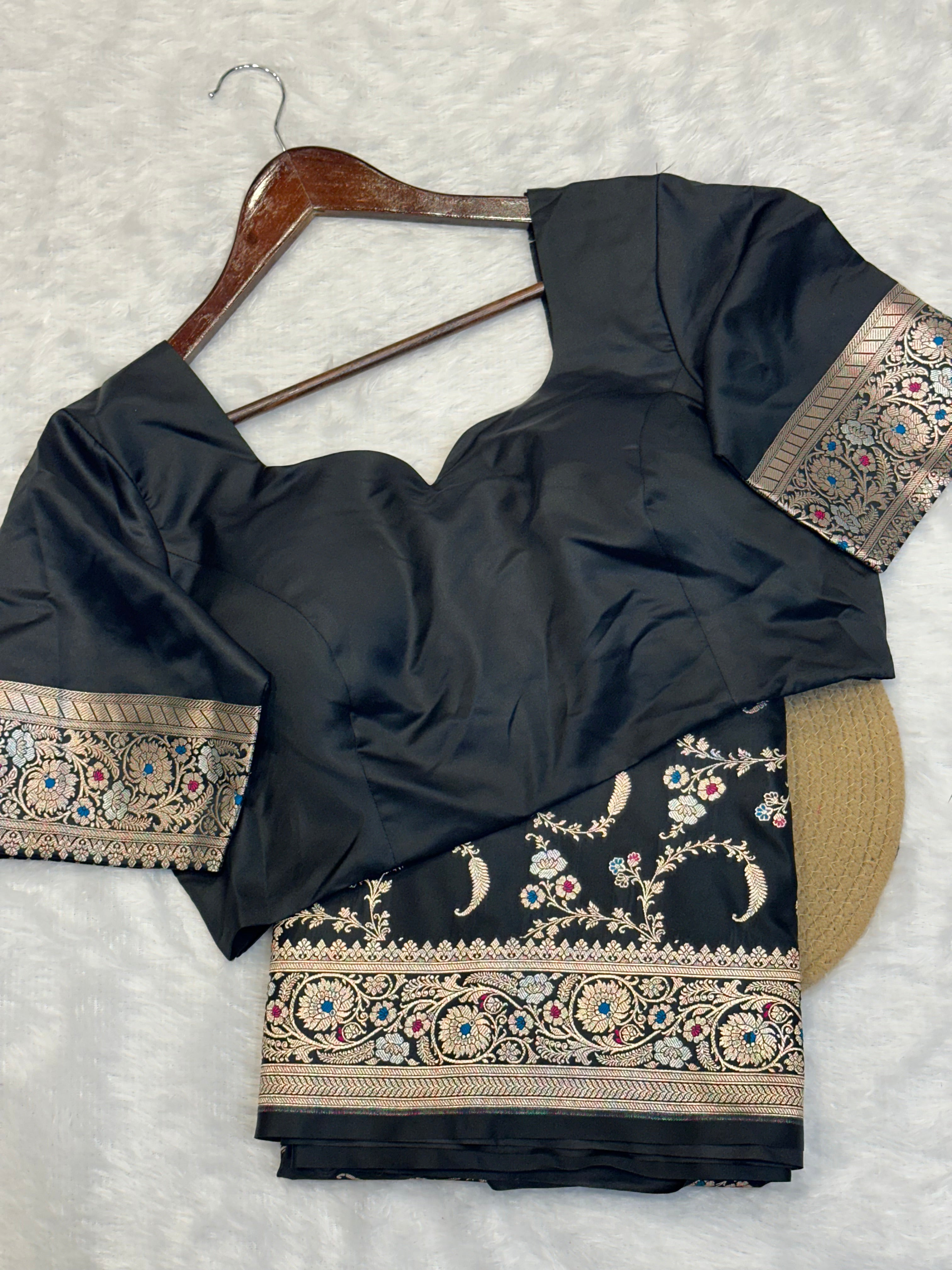 Jet Black Mashru Katan Silk Intricate Meenakari Banarasi Saree