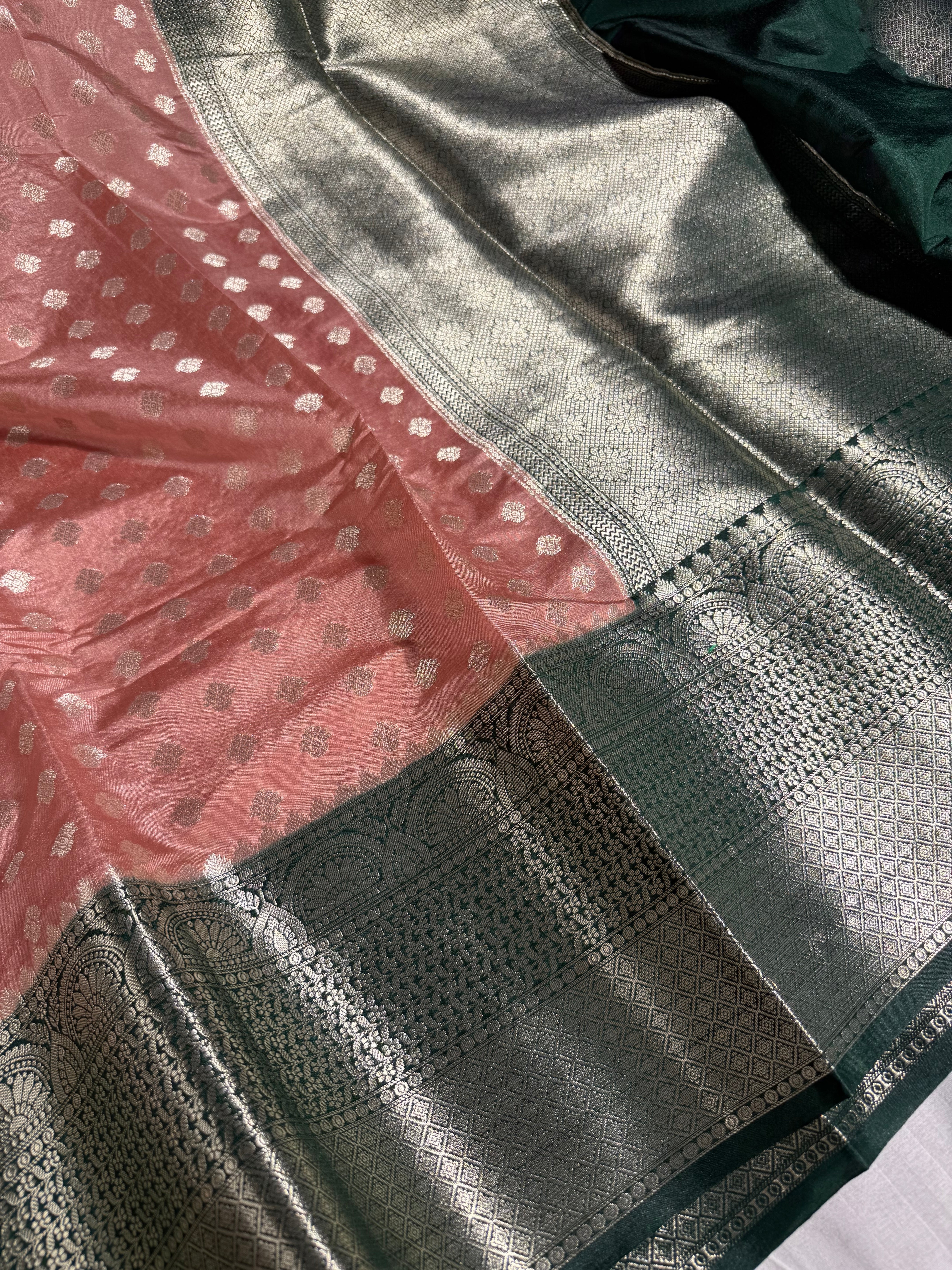 Peach Chinia Silk Khaddi Buti Weave Banarasi Saree