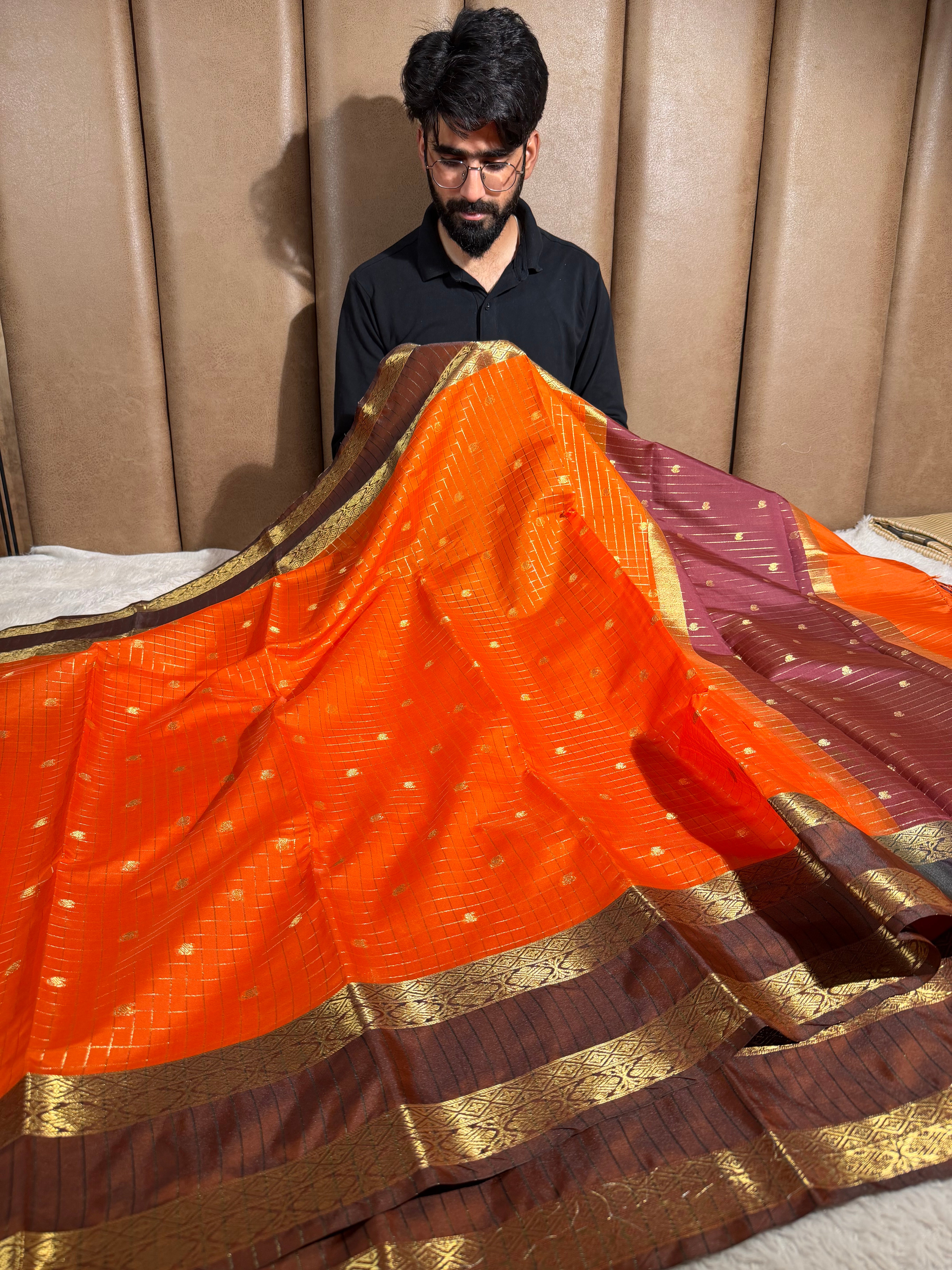 Bright Orange Checkered Buti Softsilk Saree