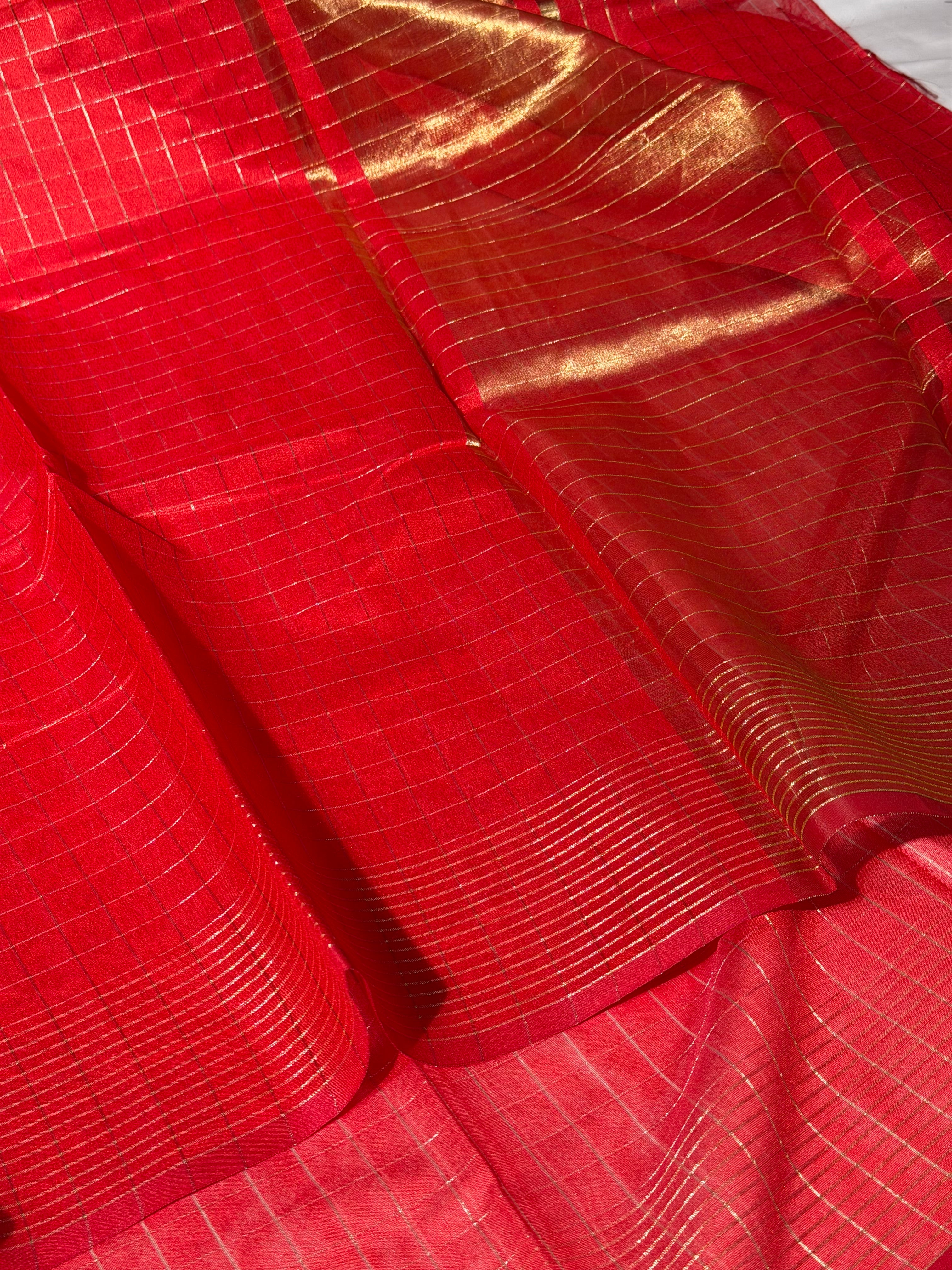 Bright Red Checks Weave Soft Cotton Saree
