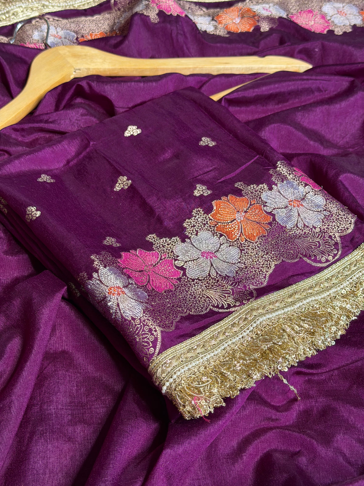 Bright Purple Warm Silk Contemporary Lace Work Saree